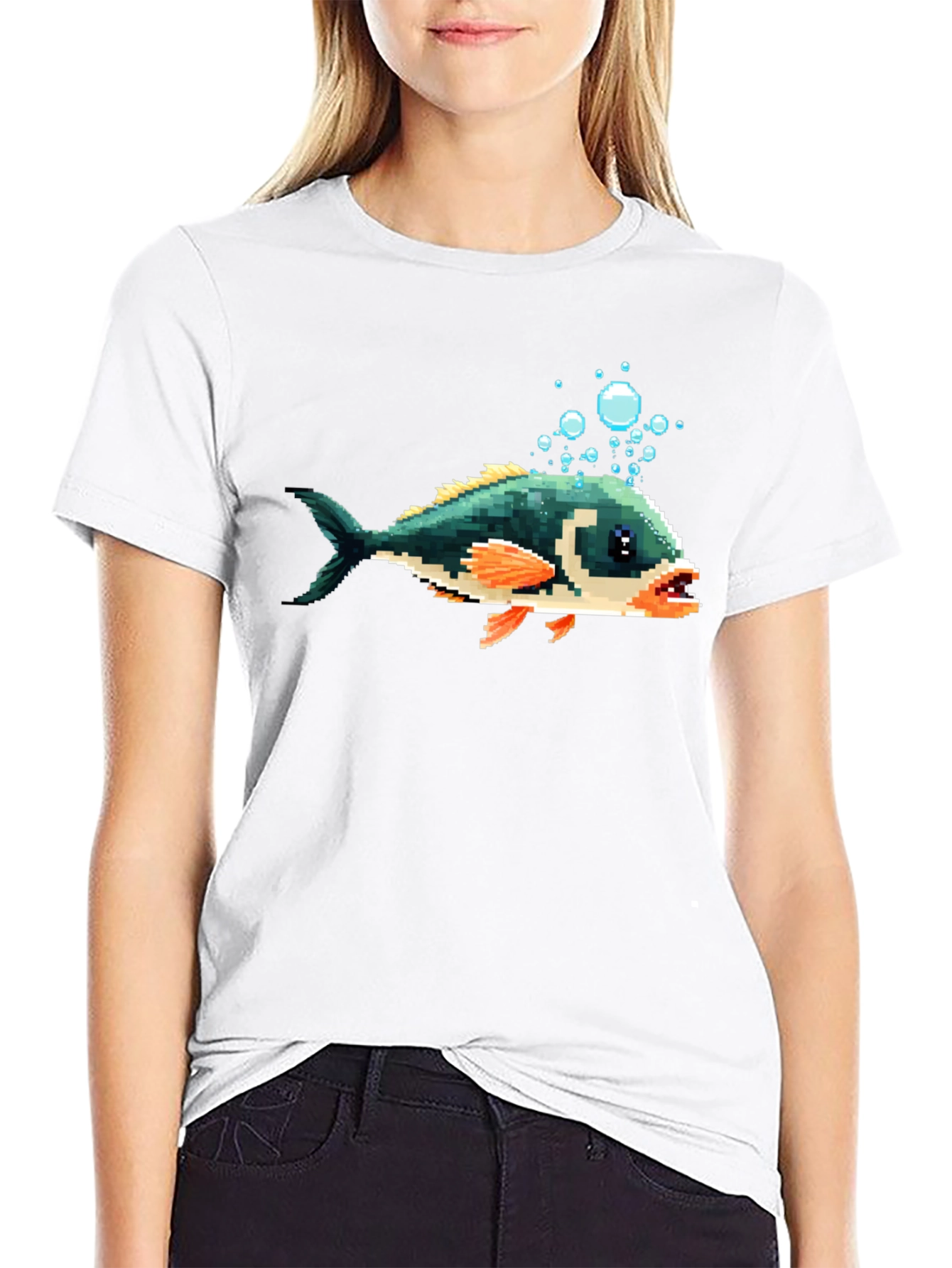 Pixel Fish Graphic Tee - Black Cotton T-Shirt