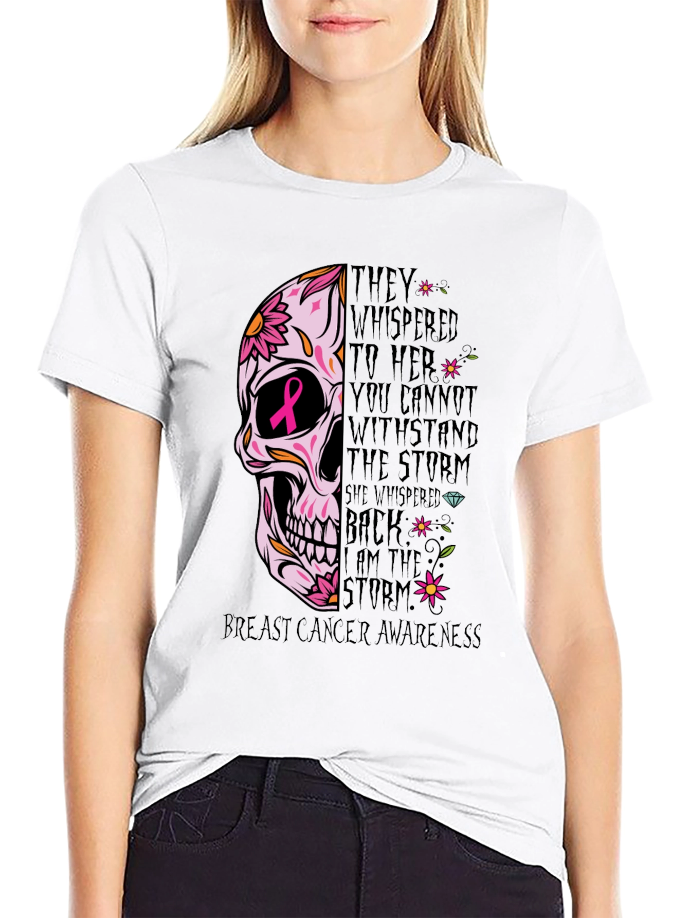 Breast Cancer Awareness Skull Graphic T-Shirt