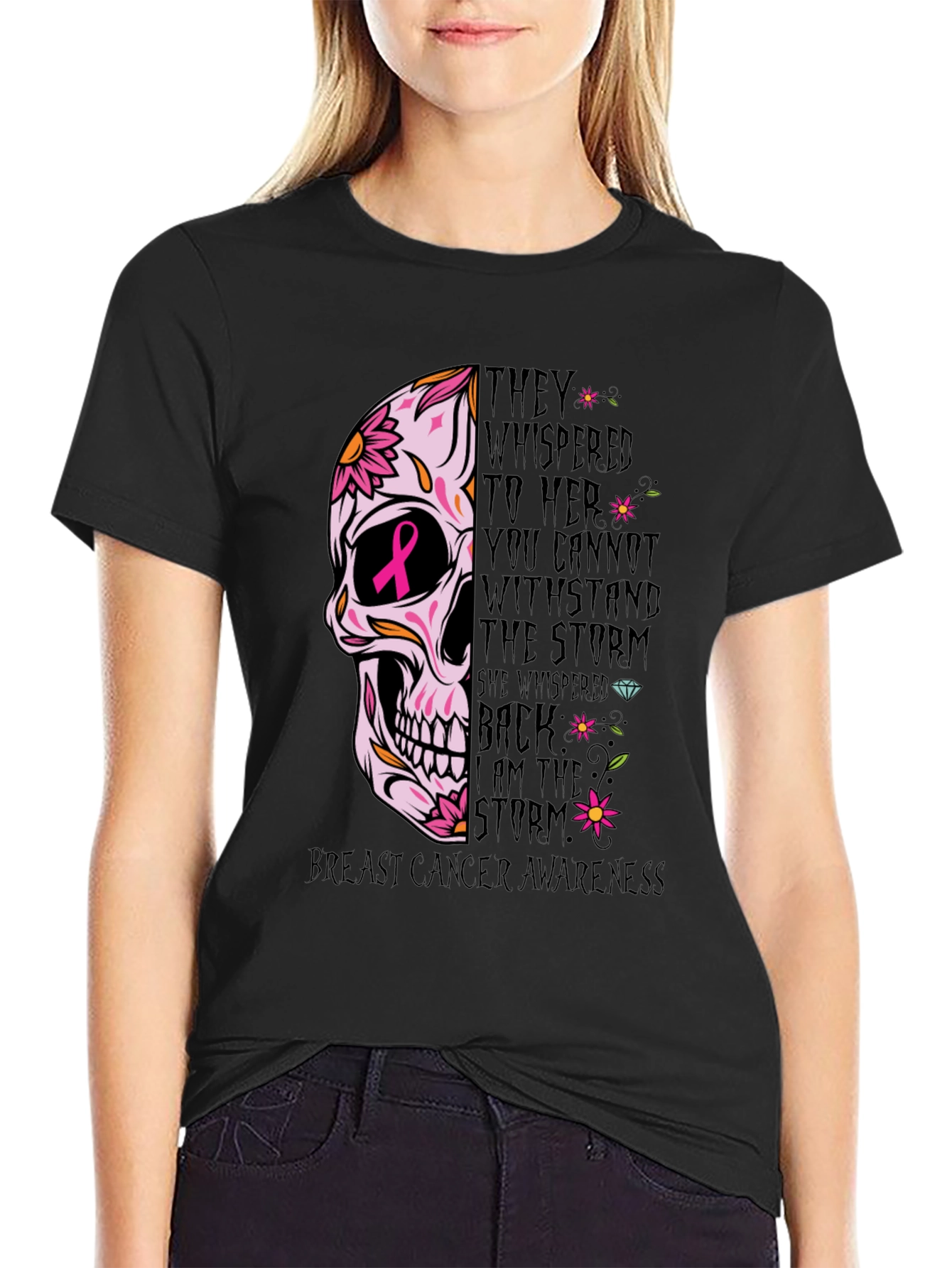 Breast Cancer Awareness Skull Graphic T-Shirt