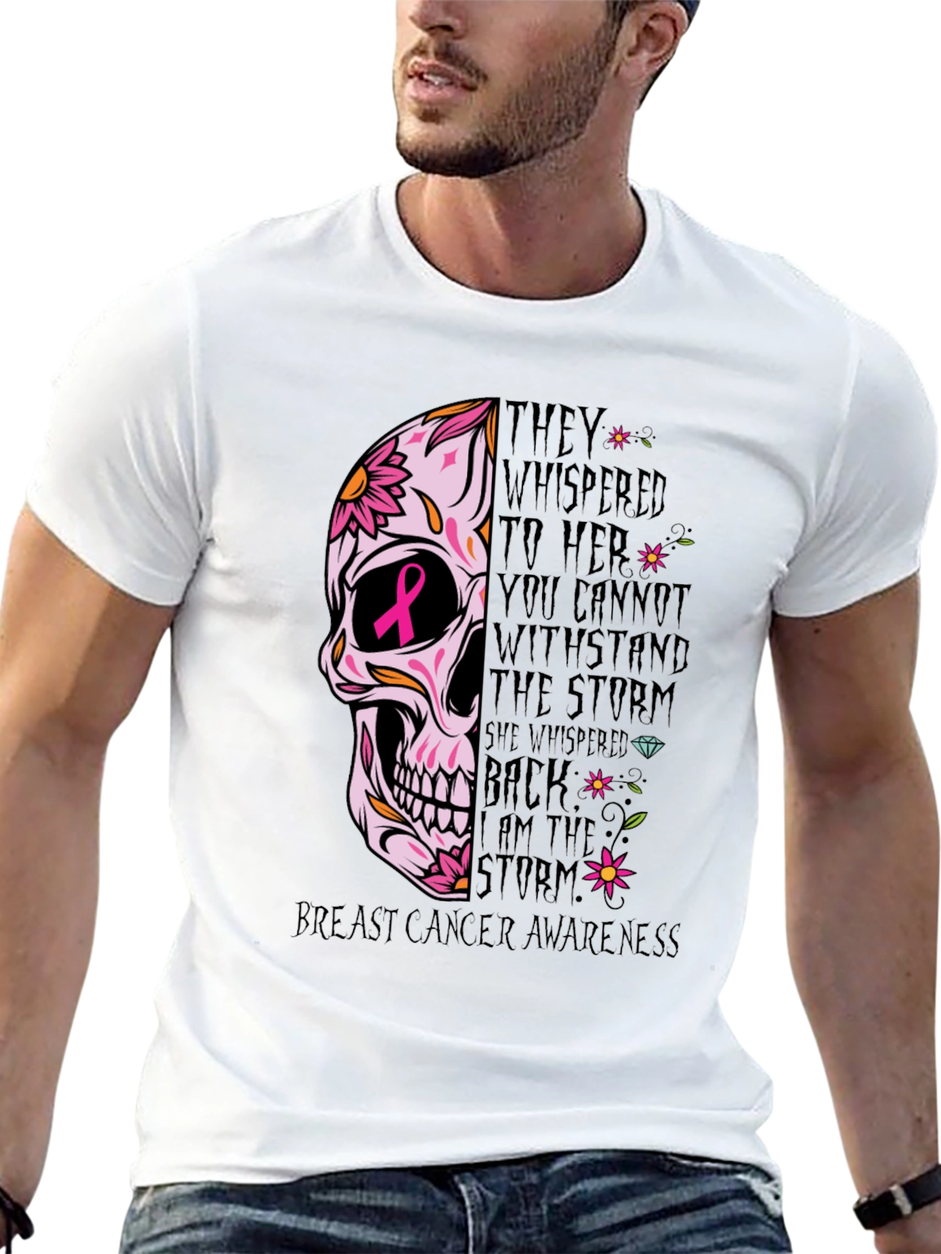 Breast Cancer Awareness Skull Graphic T-Shirt