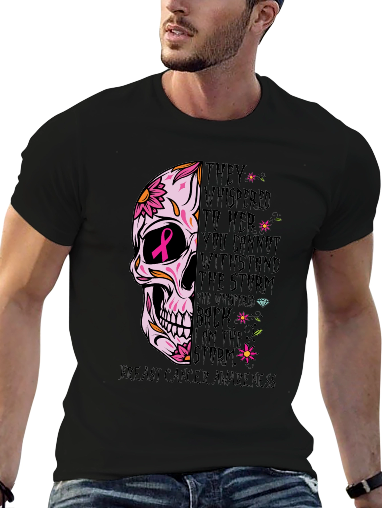 Breast Cancer Awareness Skull Graphic T-Shirt