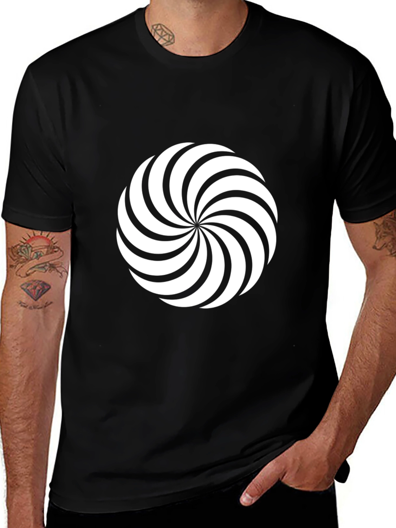 Stylish Black Tee with Swirling Graphic Print