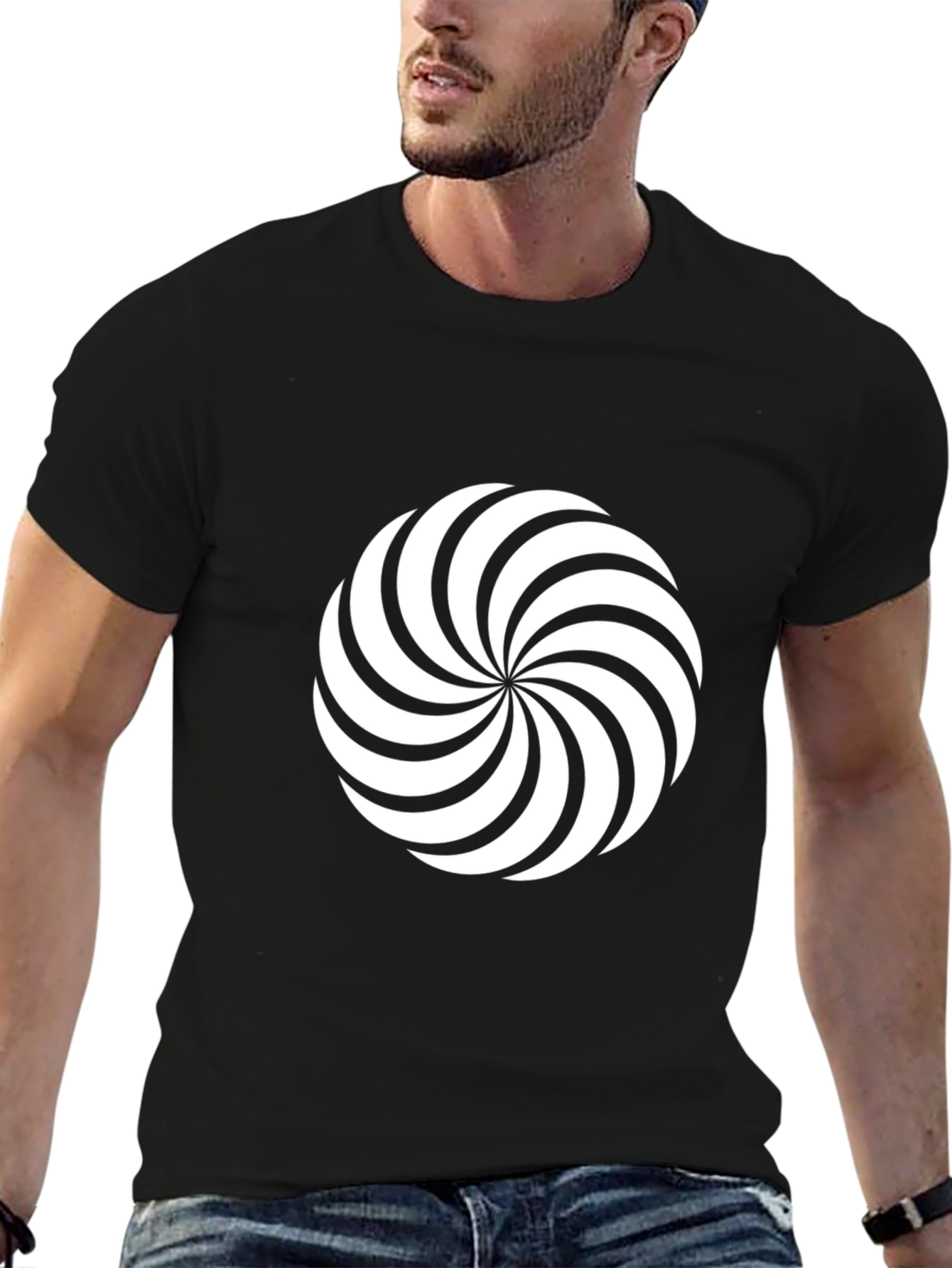 Stylish Black Tee with Swirling Graphic Print