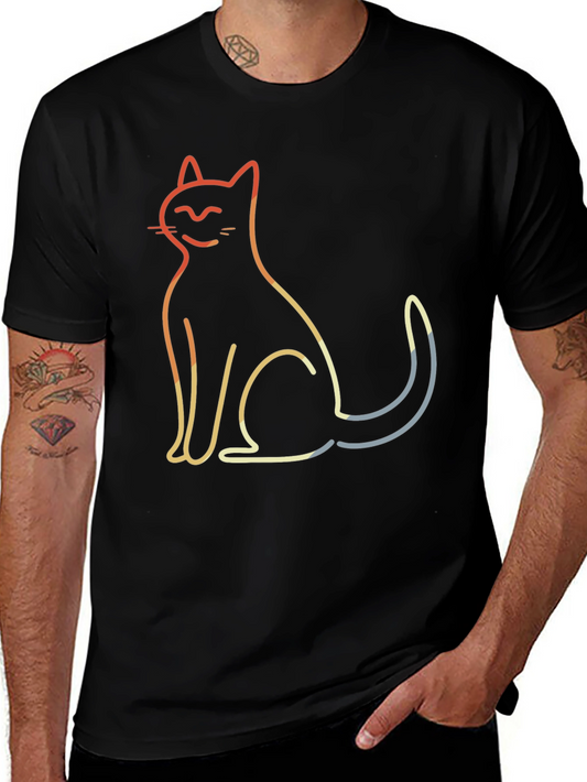 Retro Cat Outline Graphic Tee - Modern Minimalist Style