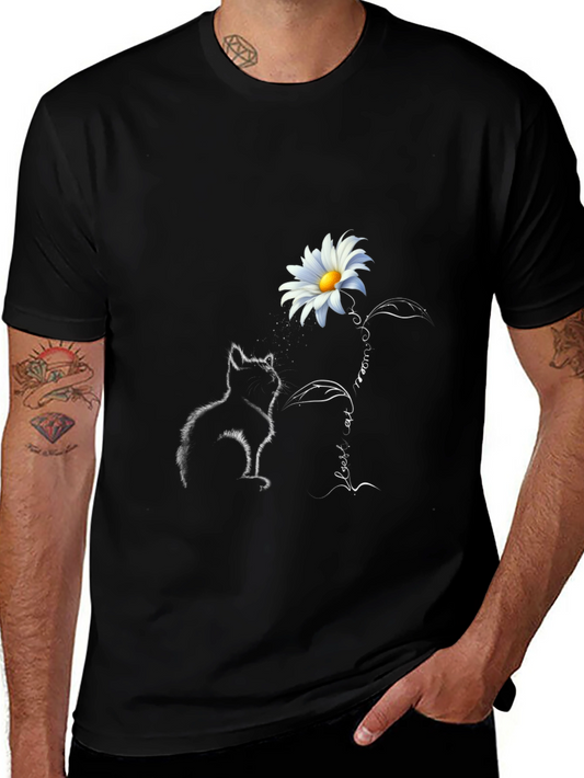Daisy Cat Graphic Tee - Stylish Black T-Shirt