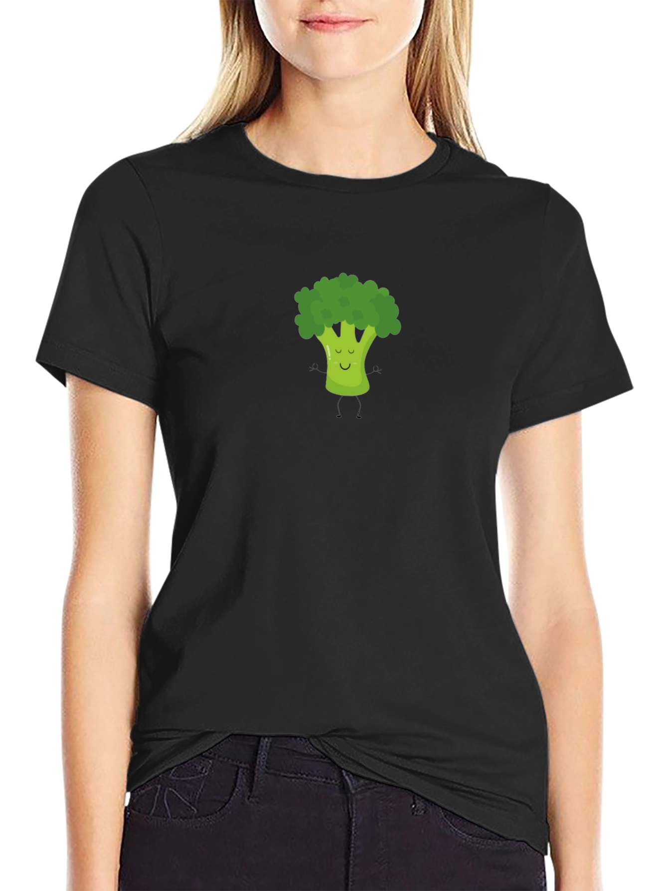 Broccoli Cartoon Graphic Print Black T-Shirt