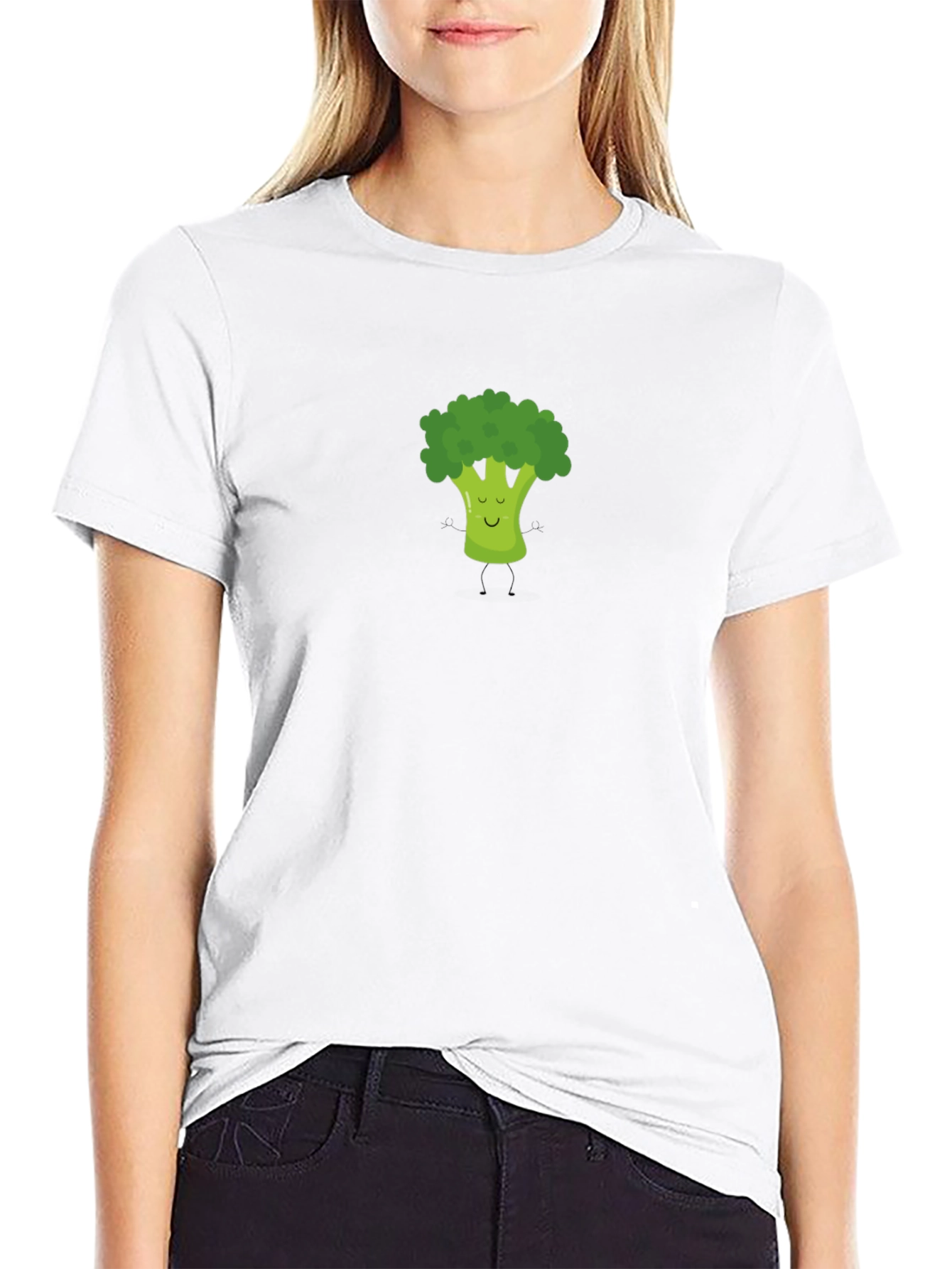 Broccoli Cartoon Graphic Print Black T-Shirt