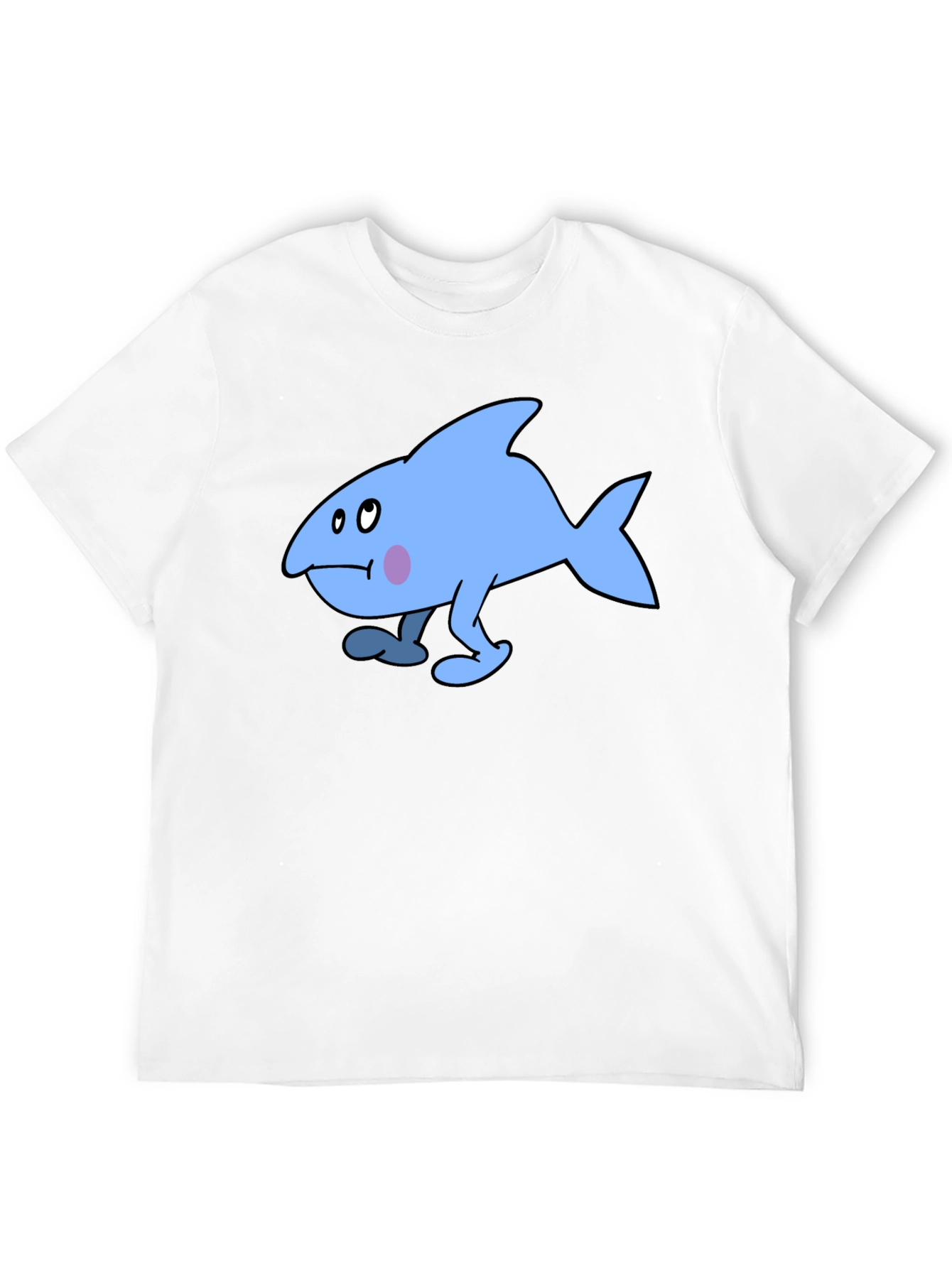 Walking Blue Cartoon Fish Graphic T-Shirt