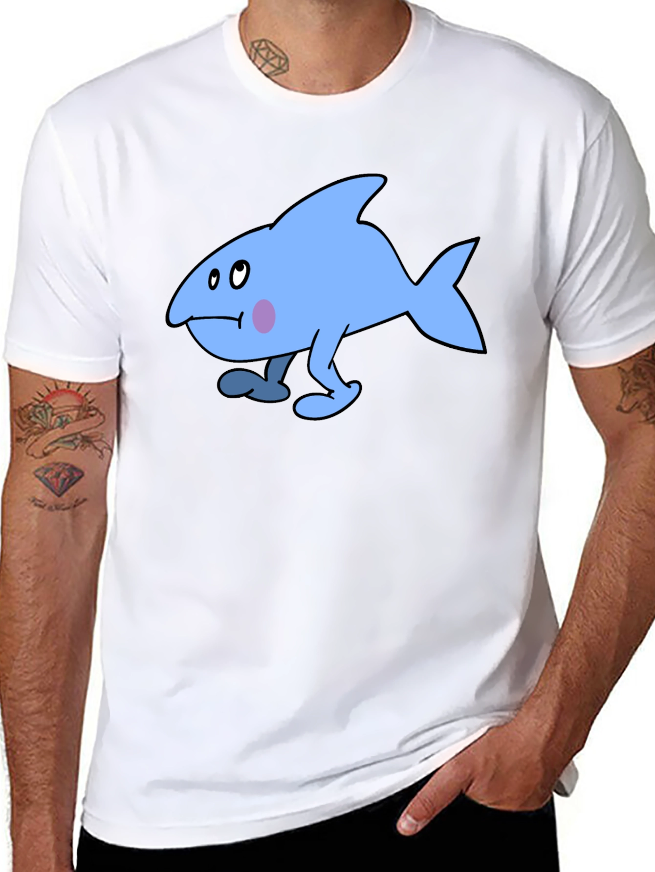 Walking Blue Cartoon Fish Graphic T-Shirt