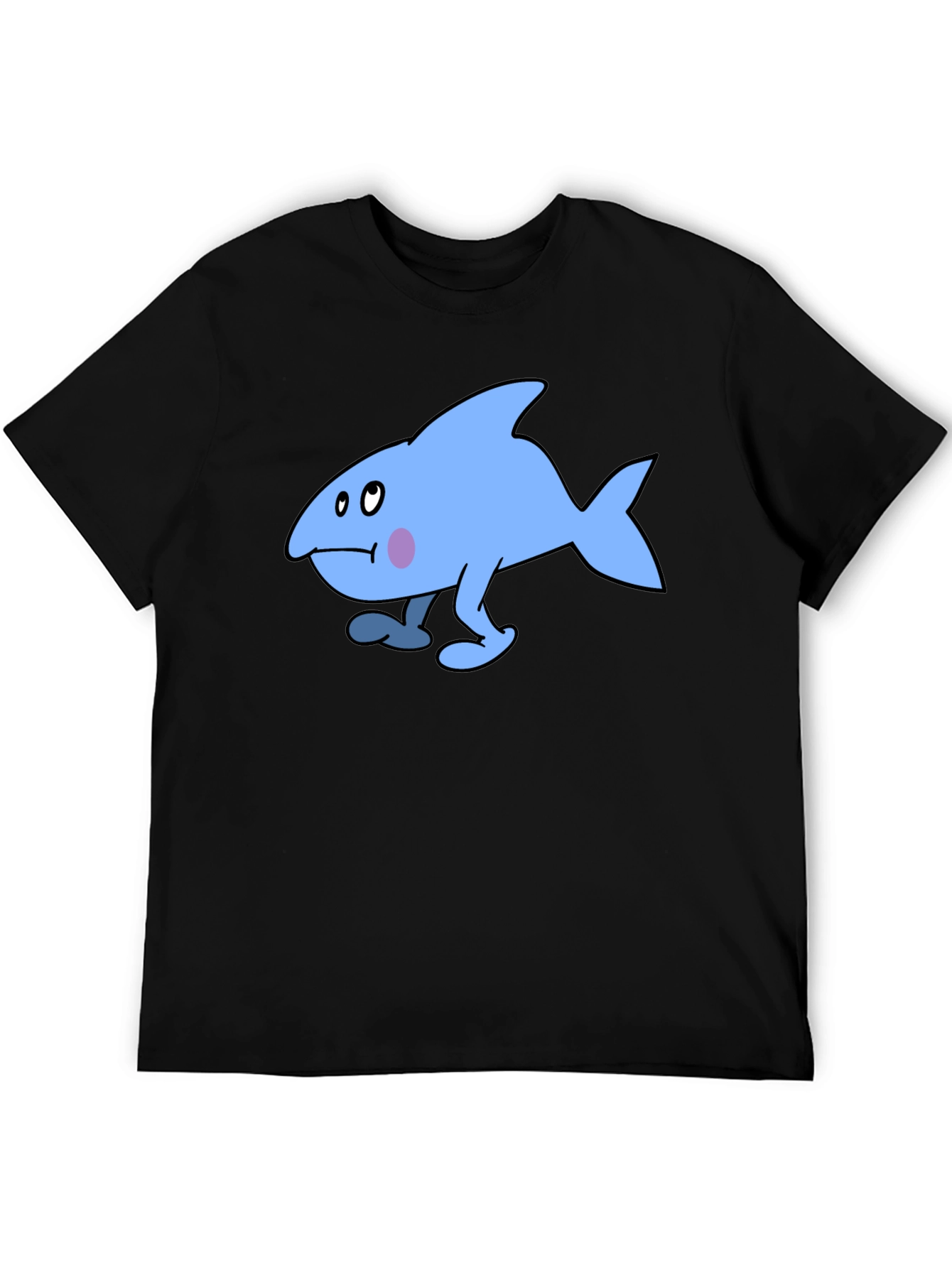 Walking Blue Cartoon Fish Graphic T-Shirt