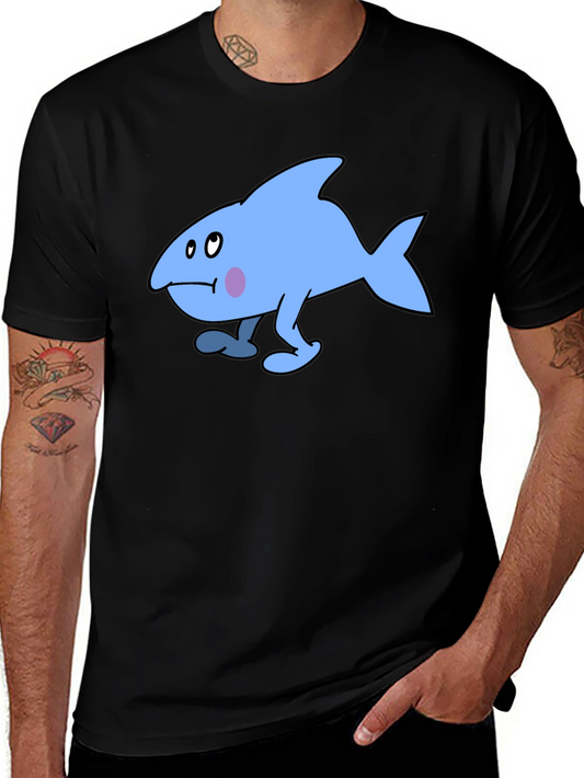 Walking Blue Cartoon Fish Graphic T-Shirt