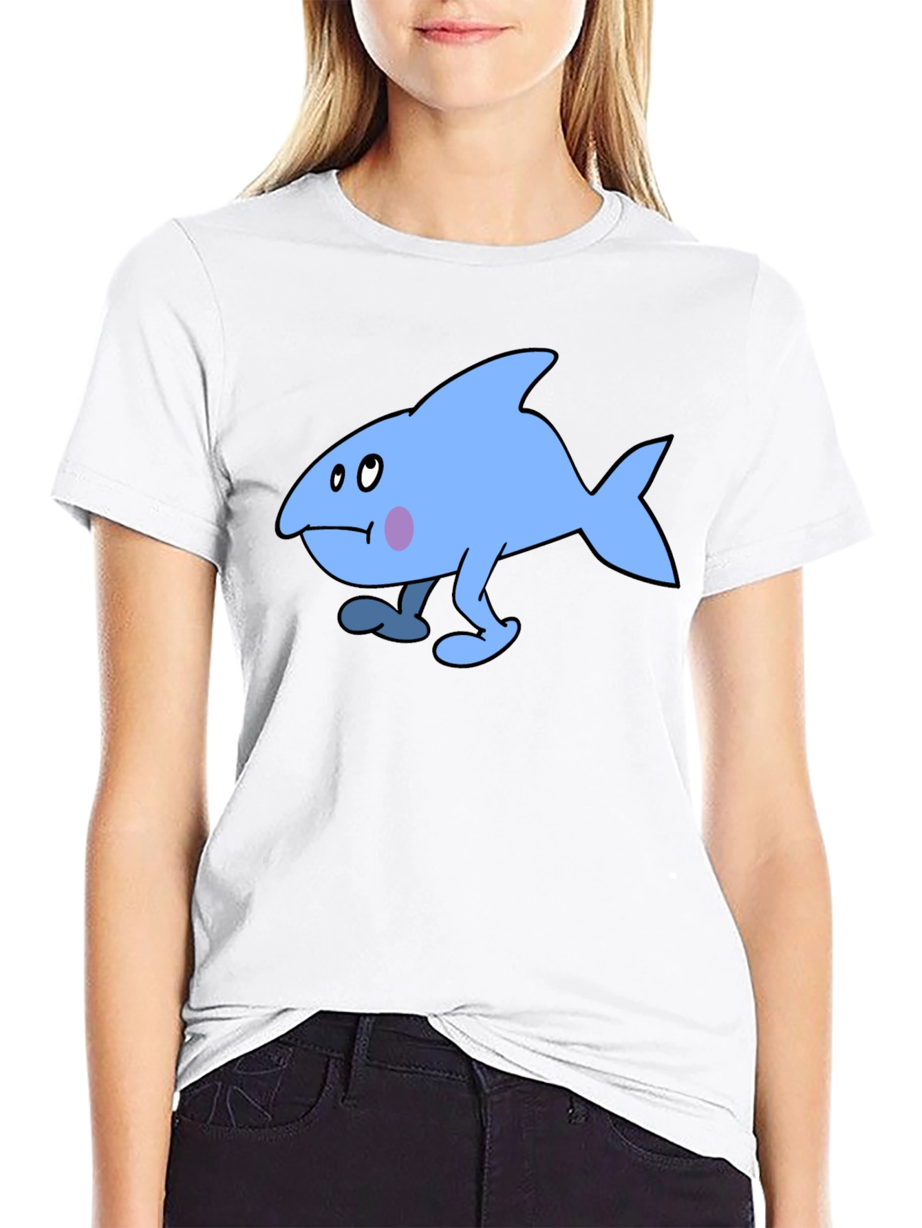 Walking Blue Cartoon Fish Graphic T-Shirt