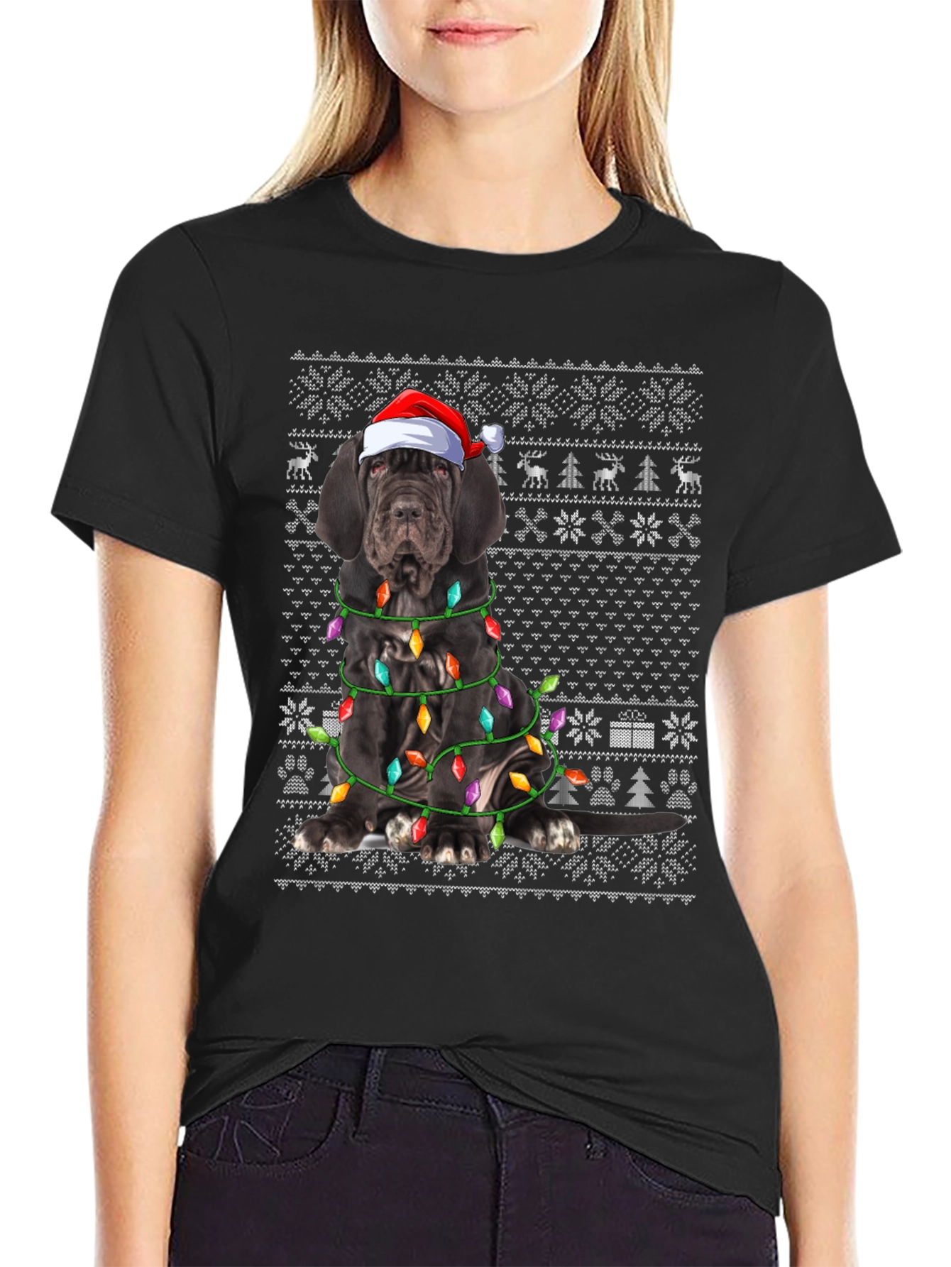 Dog Breed Christmas Lights Santa Hat T-Shirt