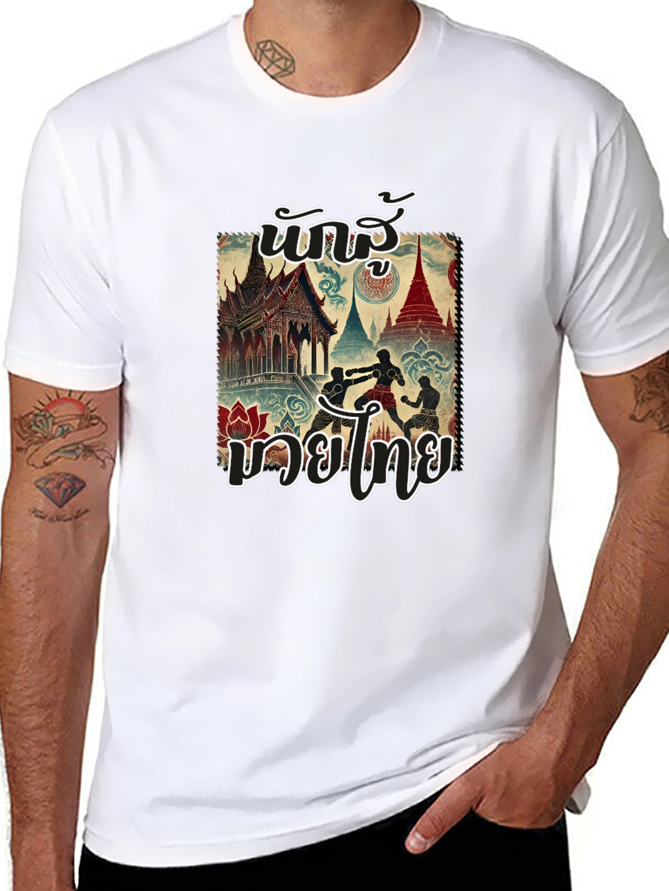 Muay Thai Black T-Shirt with Thai Art
