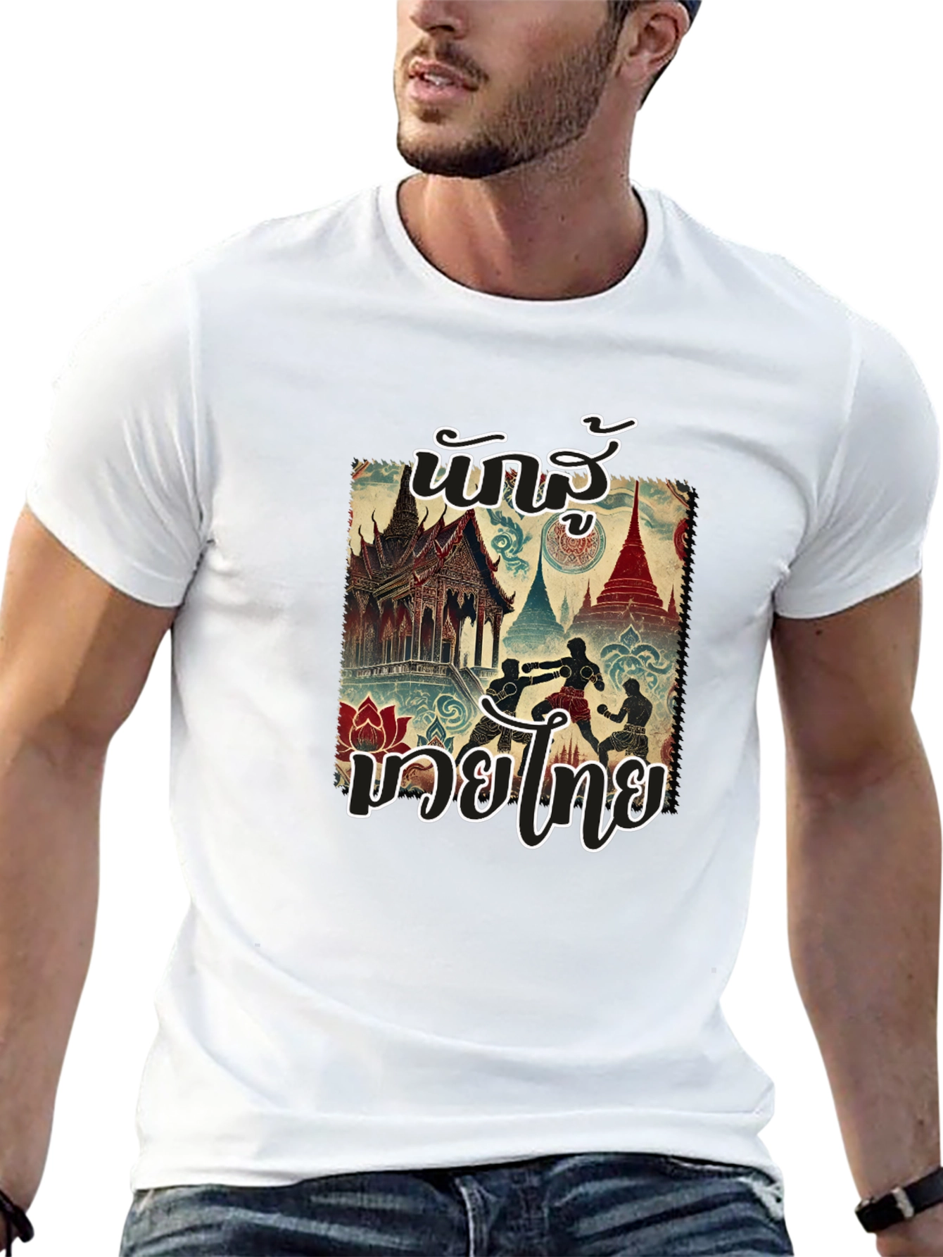 Muay Thai Black T-Shirt with Thai Art