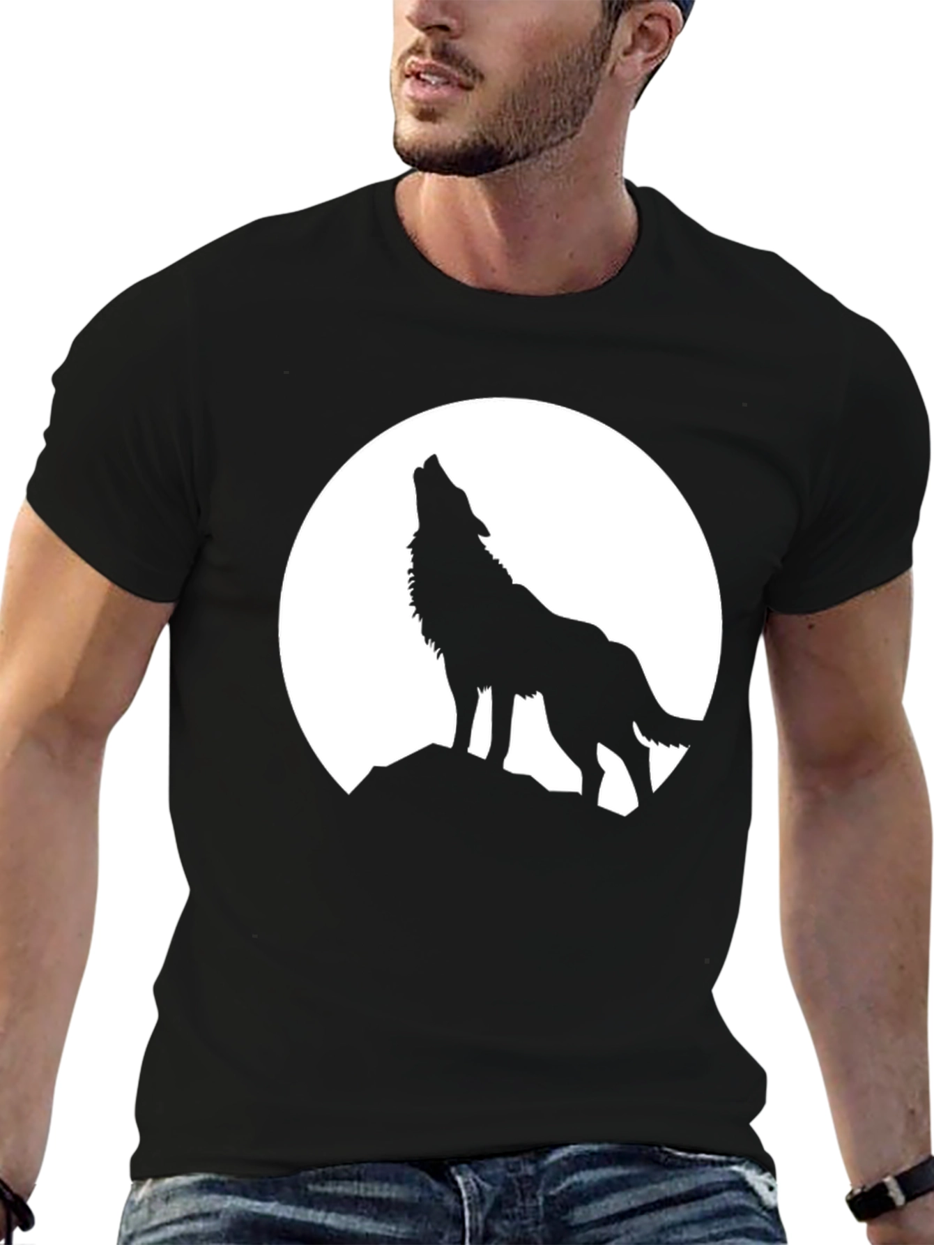 Wolf Howling at Moon Black T-Shirt