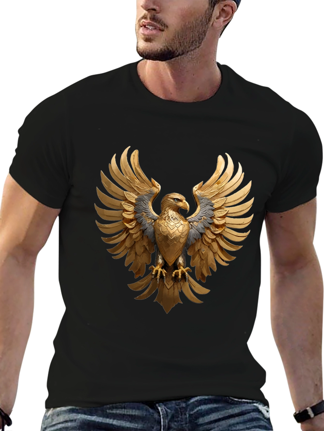 Majestic Golden Eagle Graphic Tee - Black Cotton