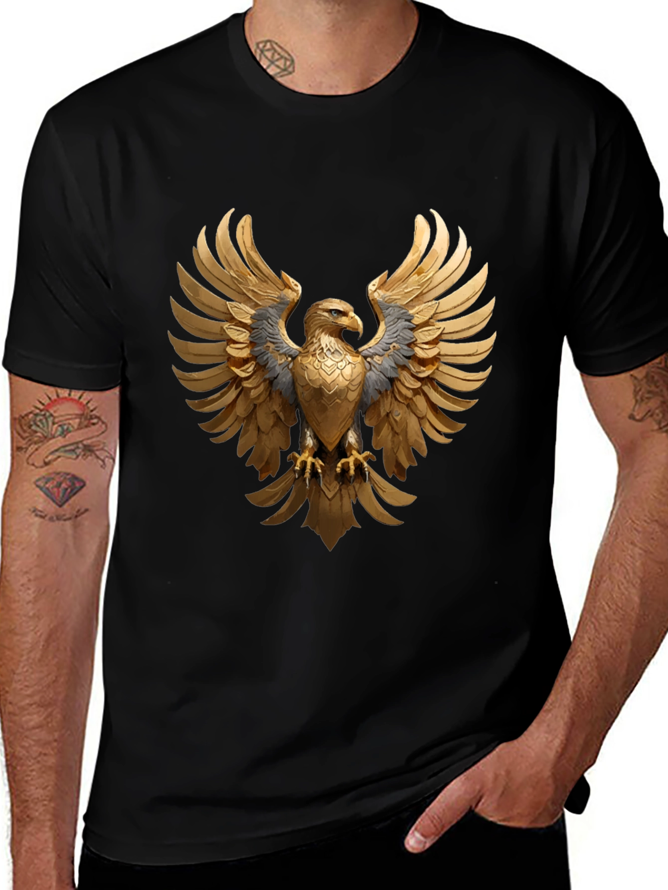Majestic Golden Eagle Graphic Tee - Black Cotton