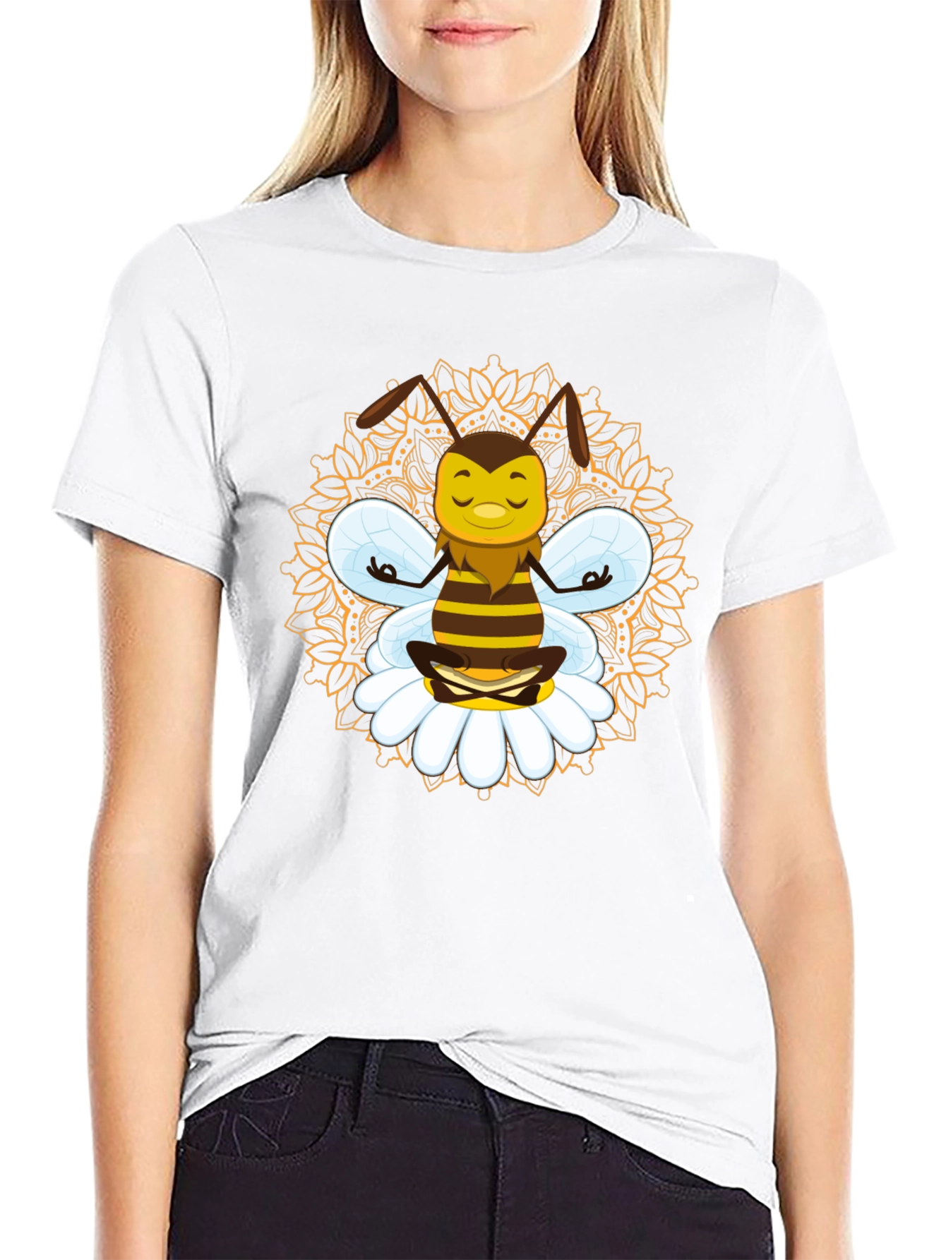 Zen Bee Mandala Graphic Tee - Black Cotton T-Shirt