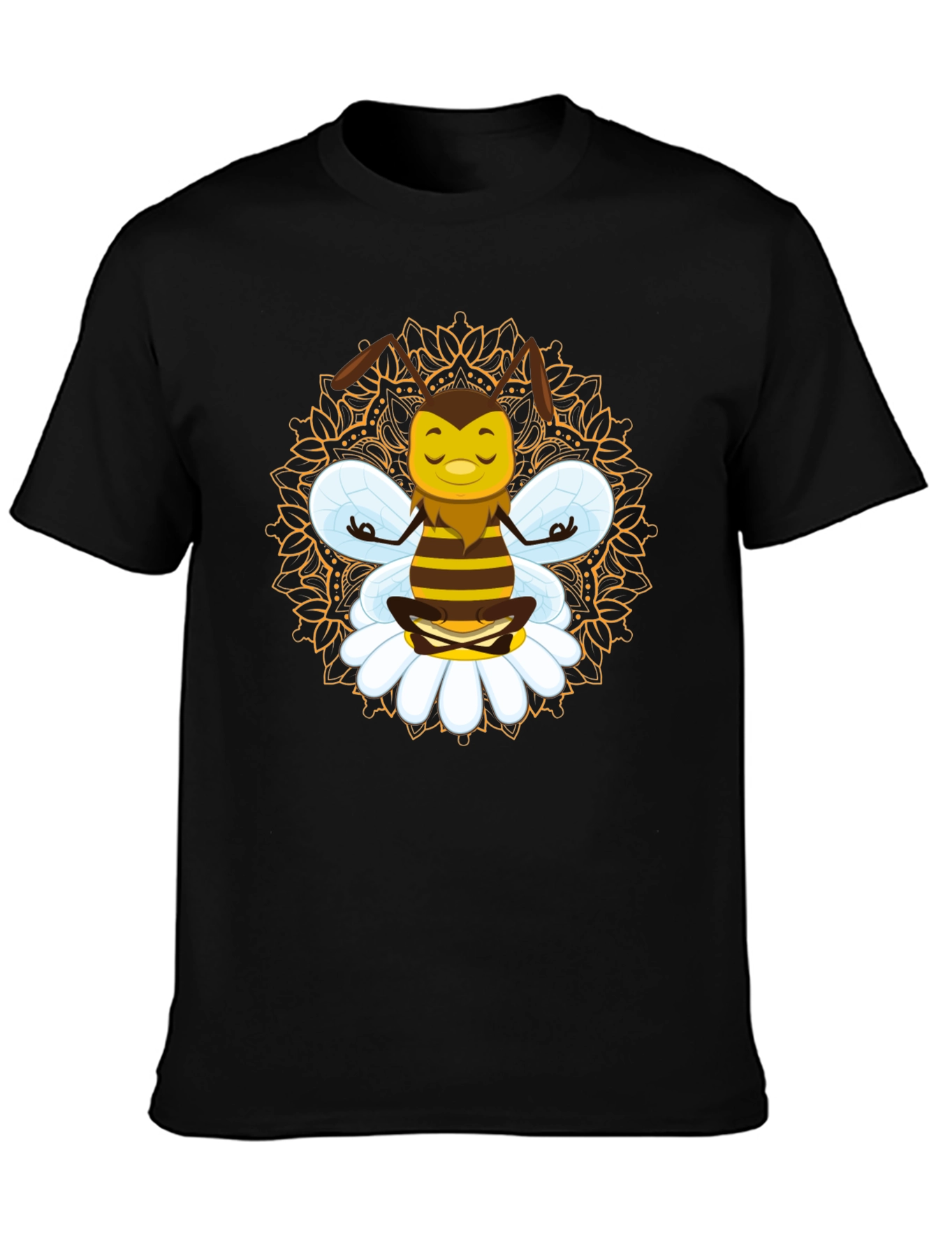 Zen Bee Mandala Graphic Tee - Black Cotton T-Shirt