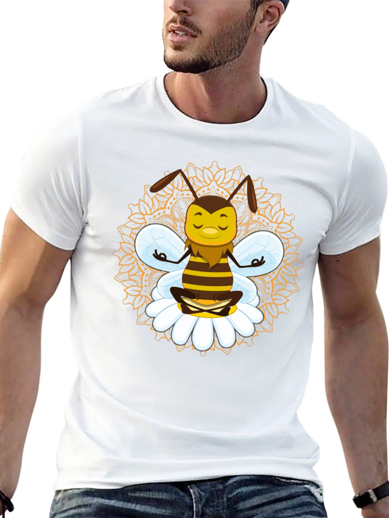 Zen Bee Mandala Graphic Tee - Black Cotton T-Shirt