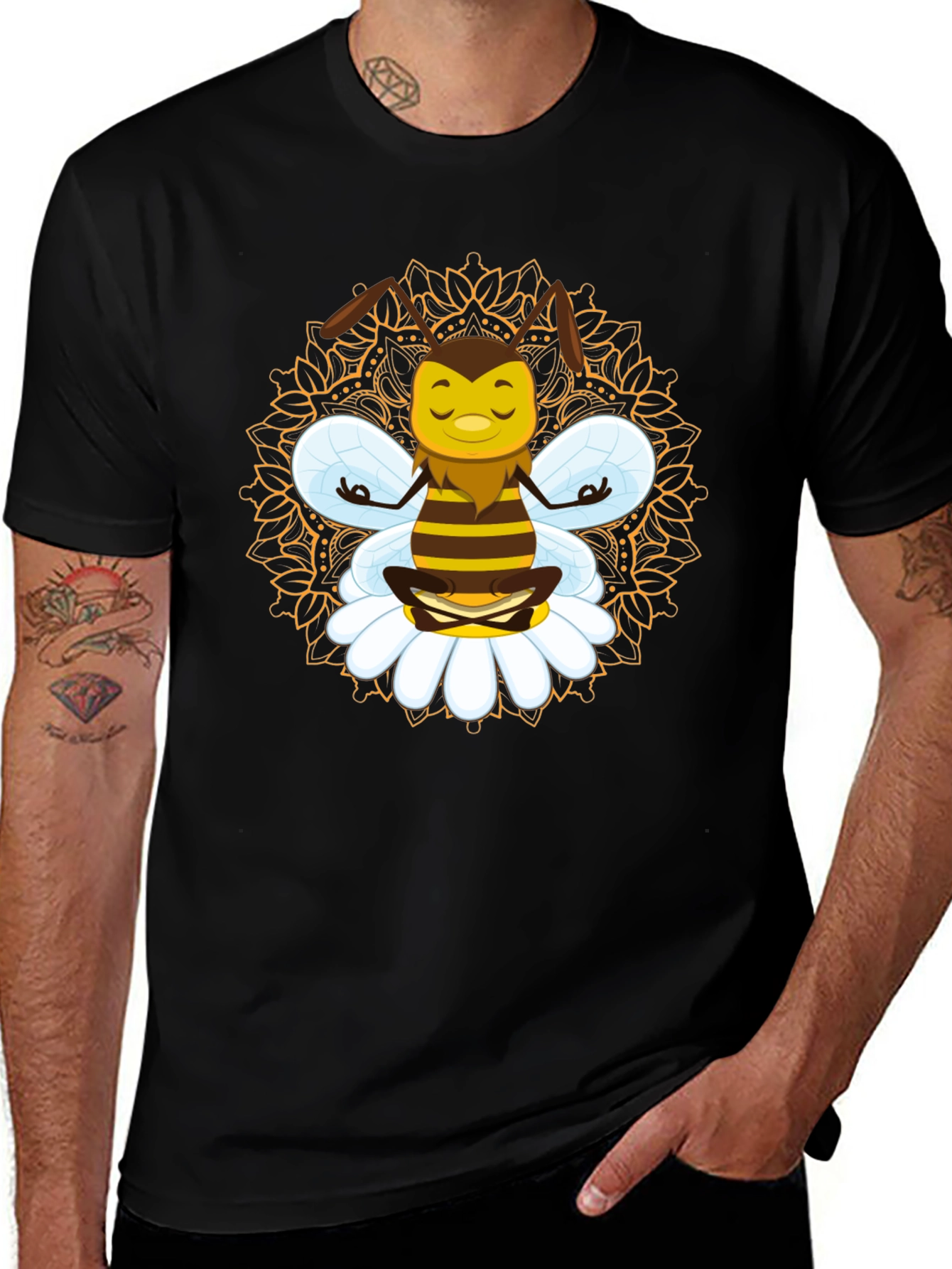 Zen Bee Mandala Graphic Tee - Black Cotton T-Shirt
