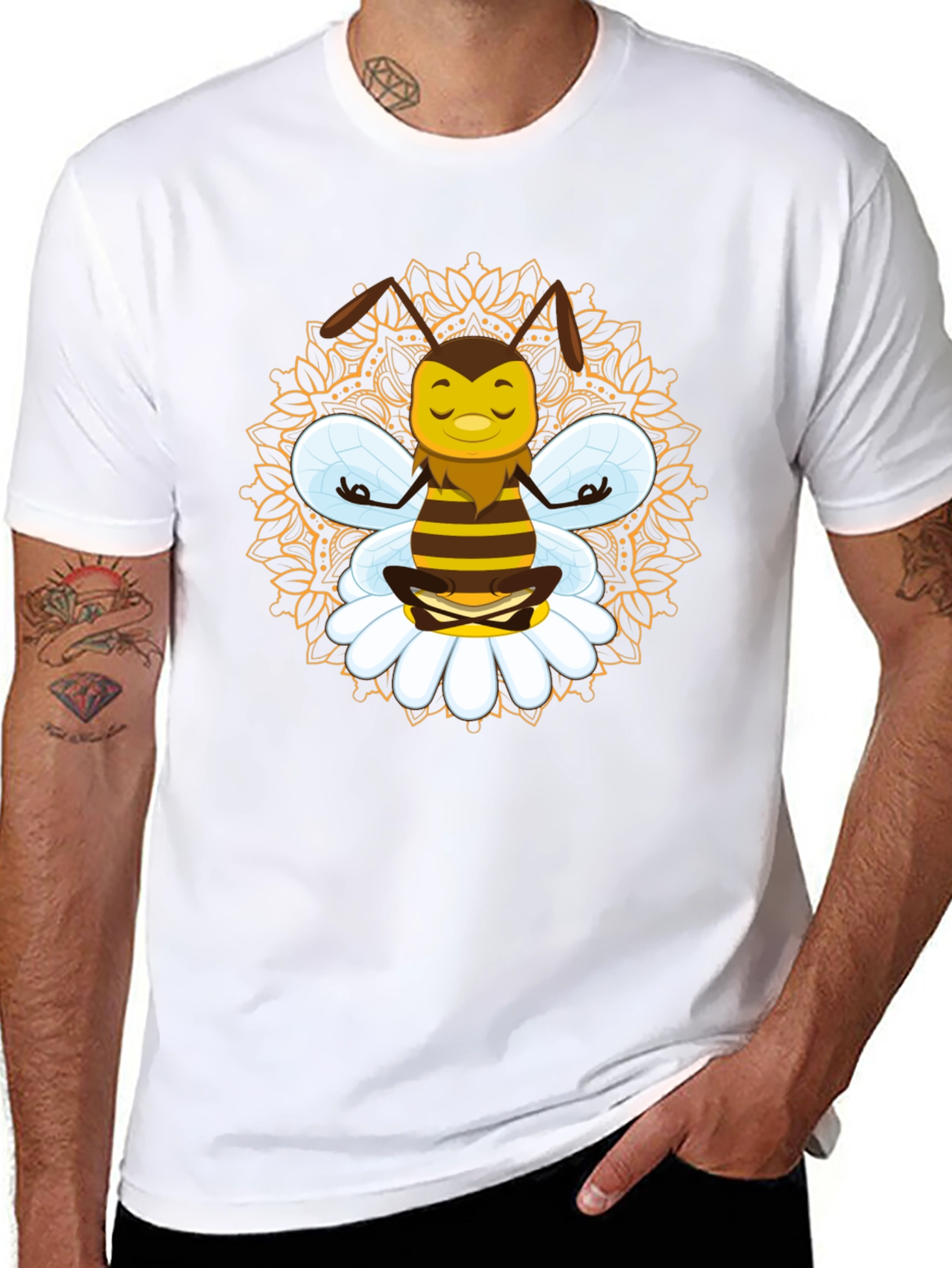 Zen Bee Mandala Graphic Tee - Black Cotton T-Shirt