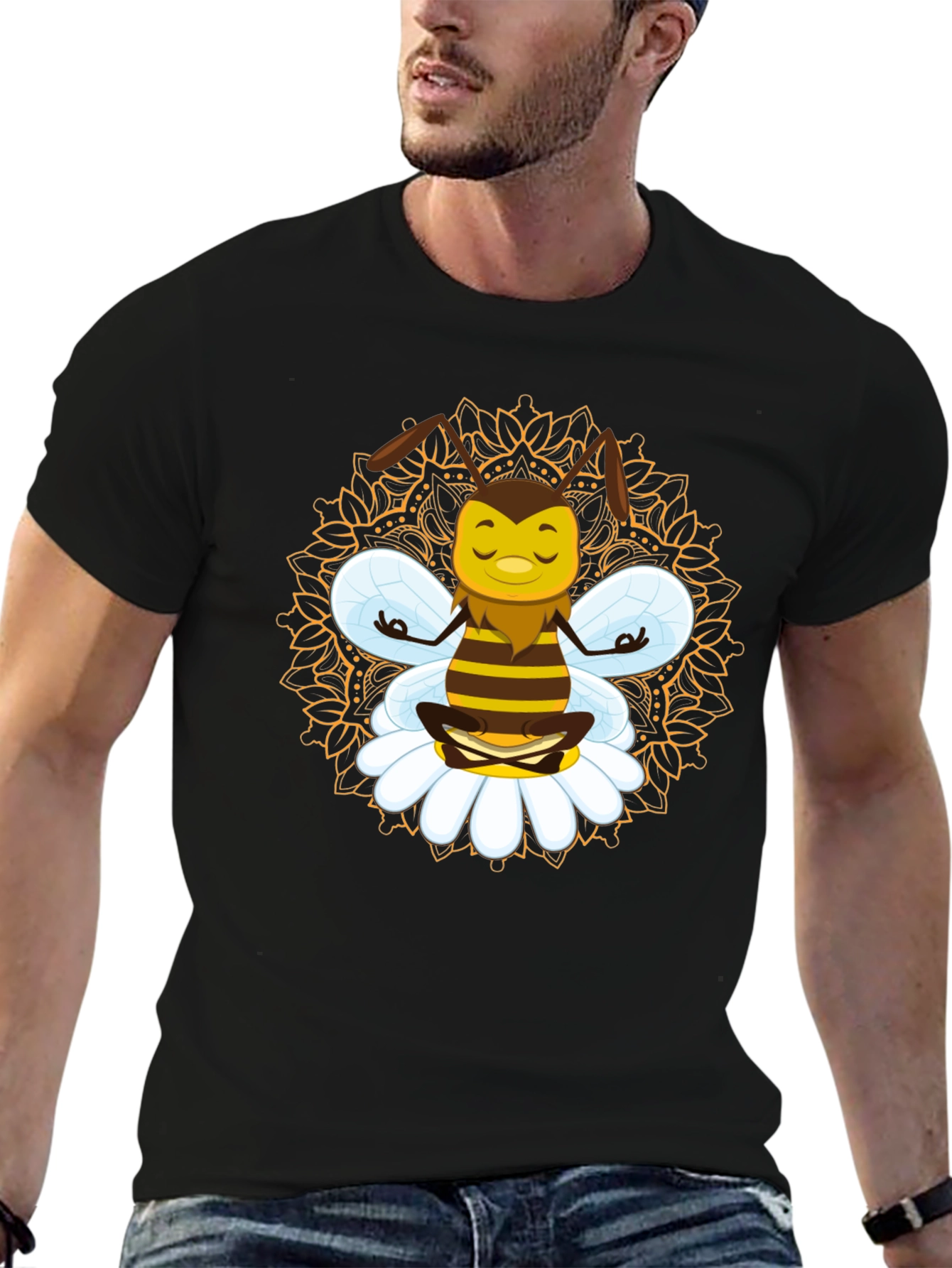 Zen Bee Mandala Graphic Tee - Black Cotton T-Shirt