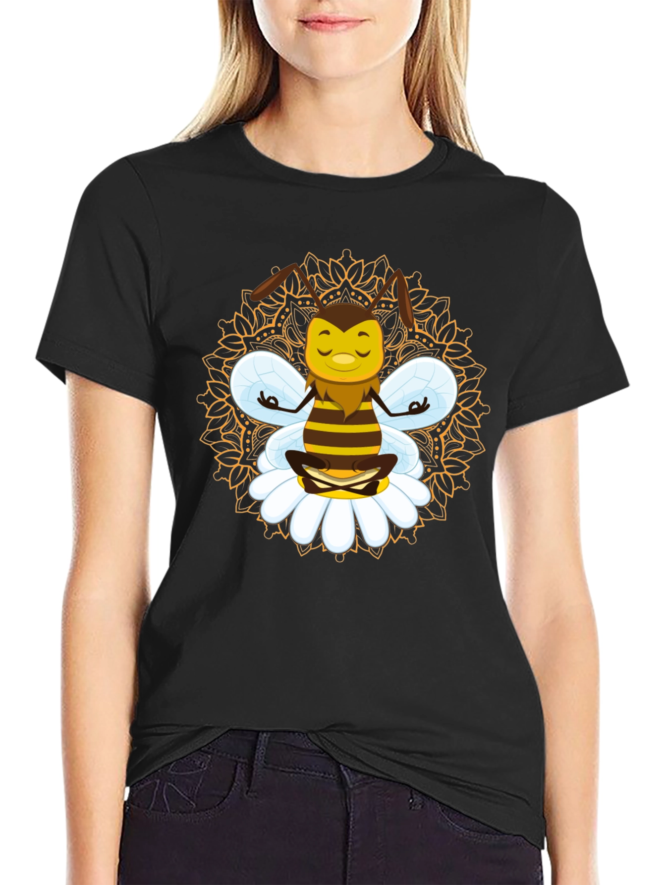 Zen Bee Mandala Graphic Tee - Black Cotton T-Shirt