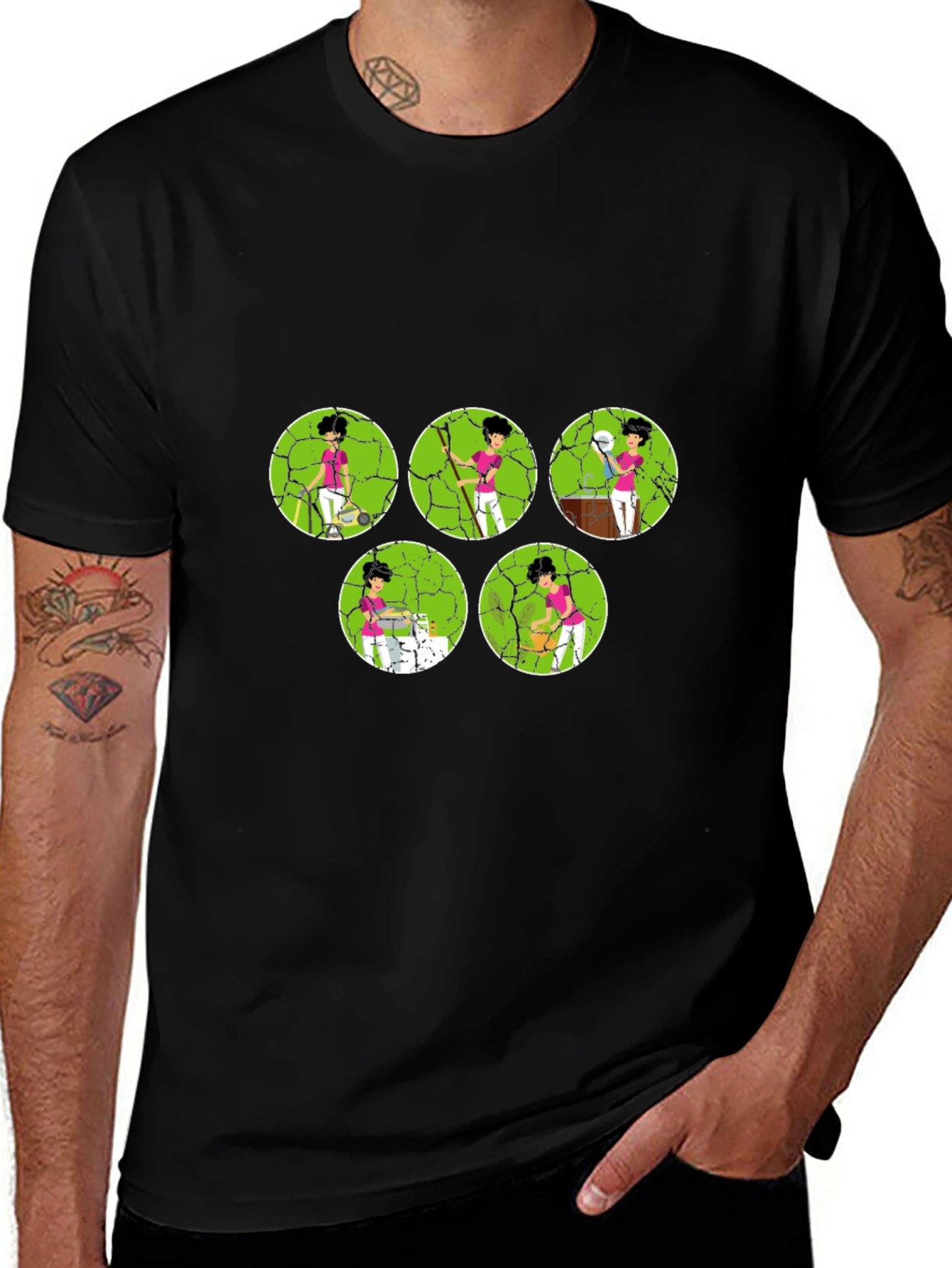 Cartoon Tennis Player Black Graphic Tee