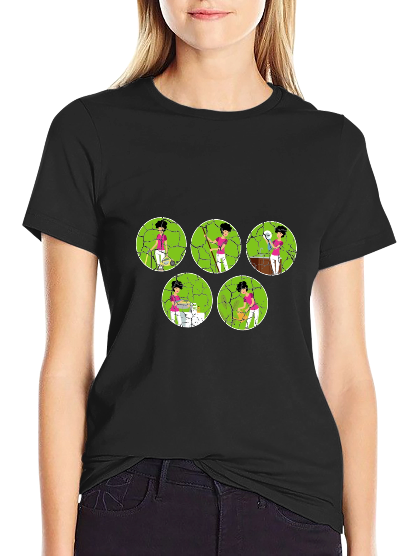 Cartoon Tennis Player Black Graphic Tee