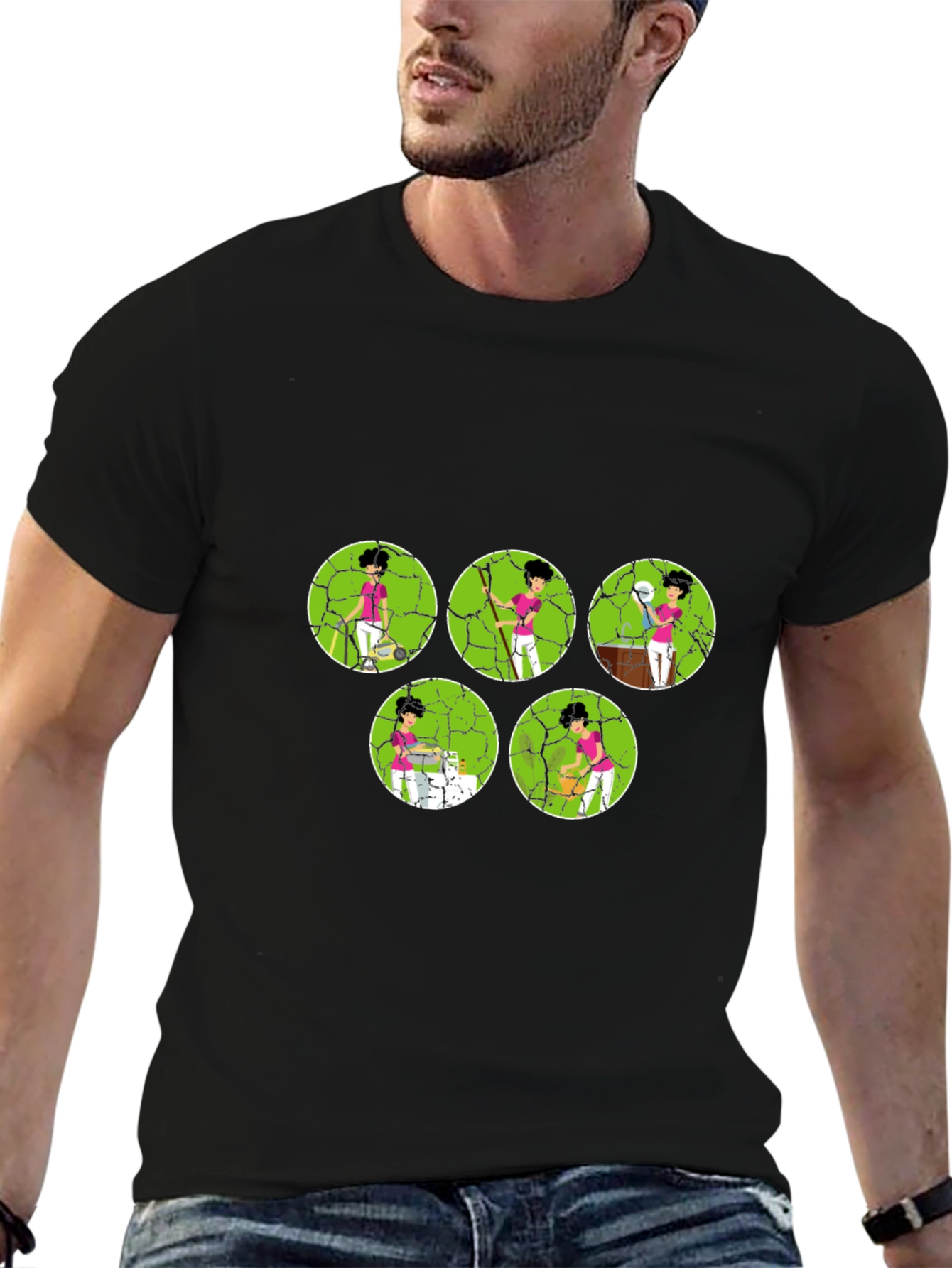 Cartoon Tennis Player Black Graphic Tee
