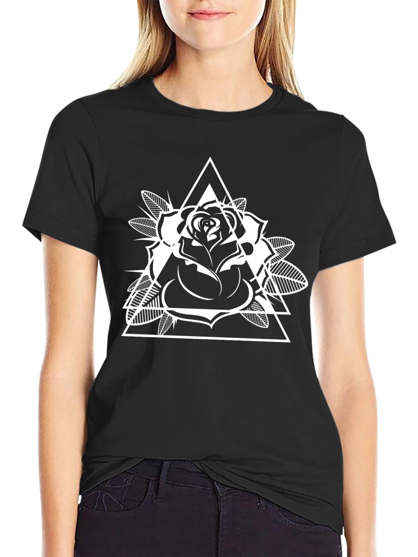Geometric Rose Graphic Tee - Black Cotton Casual Shirt
