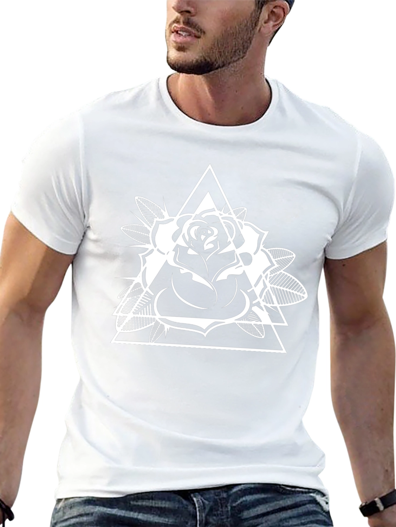 Geometric Rose Graphic Tee - Black Cotton Casual Shirt