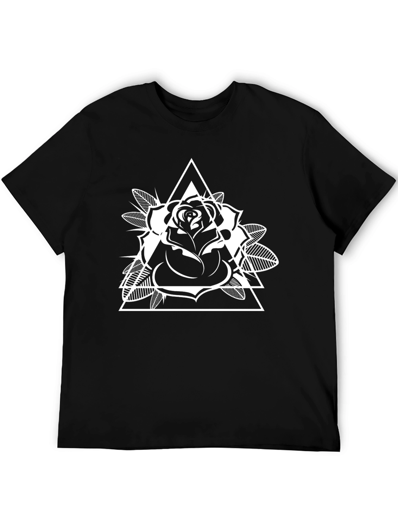 Geometric Rose Graphic Tee - Black Cotton Casual Shirt