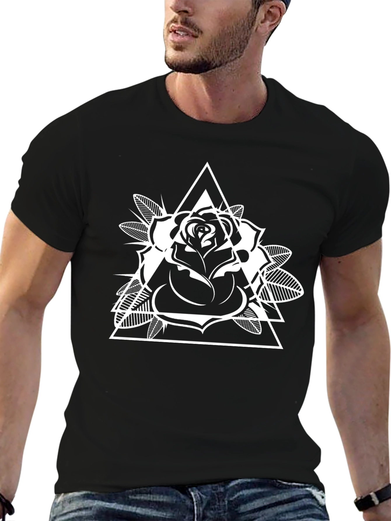Geometric Rose Graphic Tee - Black Cotton Casual Shirt