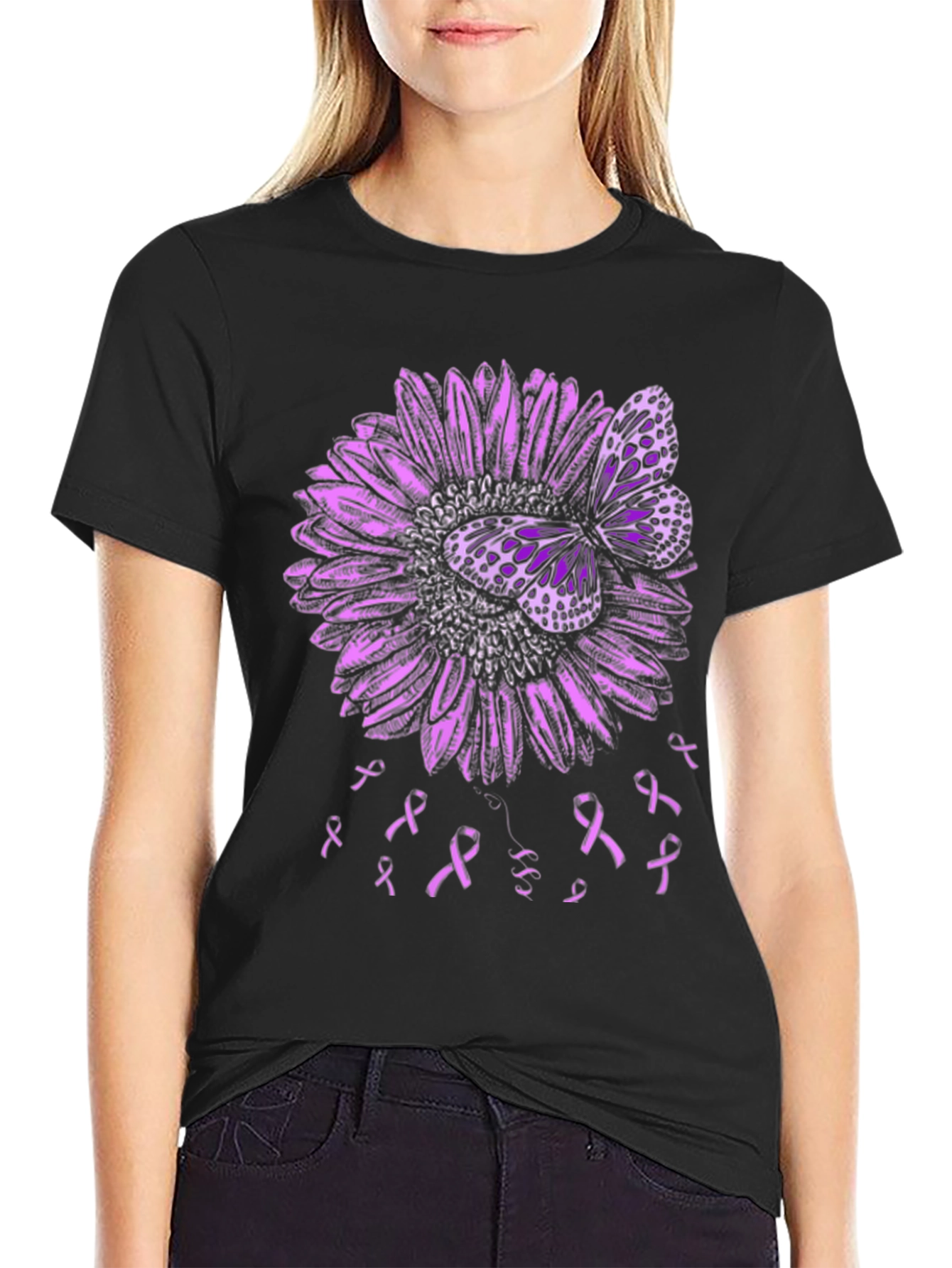 Purple Butterfly and Ribbon Awareness T-Shirt