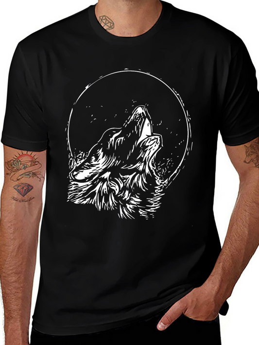 Wolf Howling at Moon Graphic Tee - Black Cotton Blend