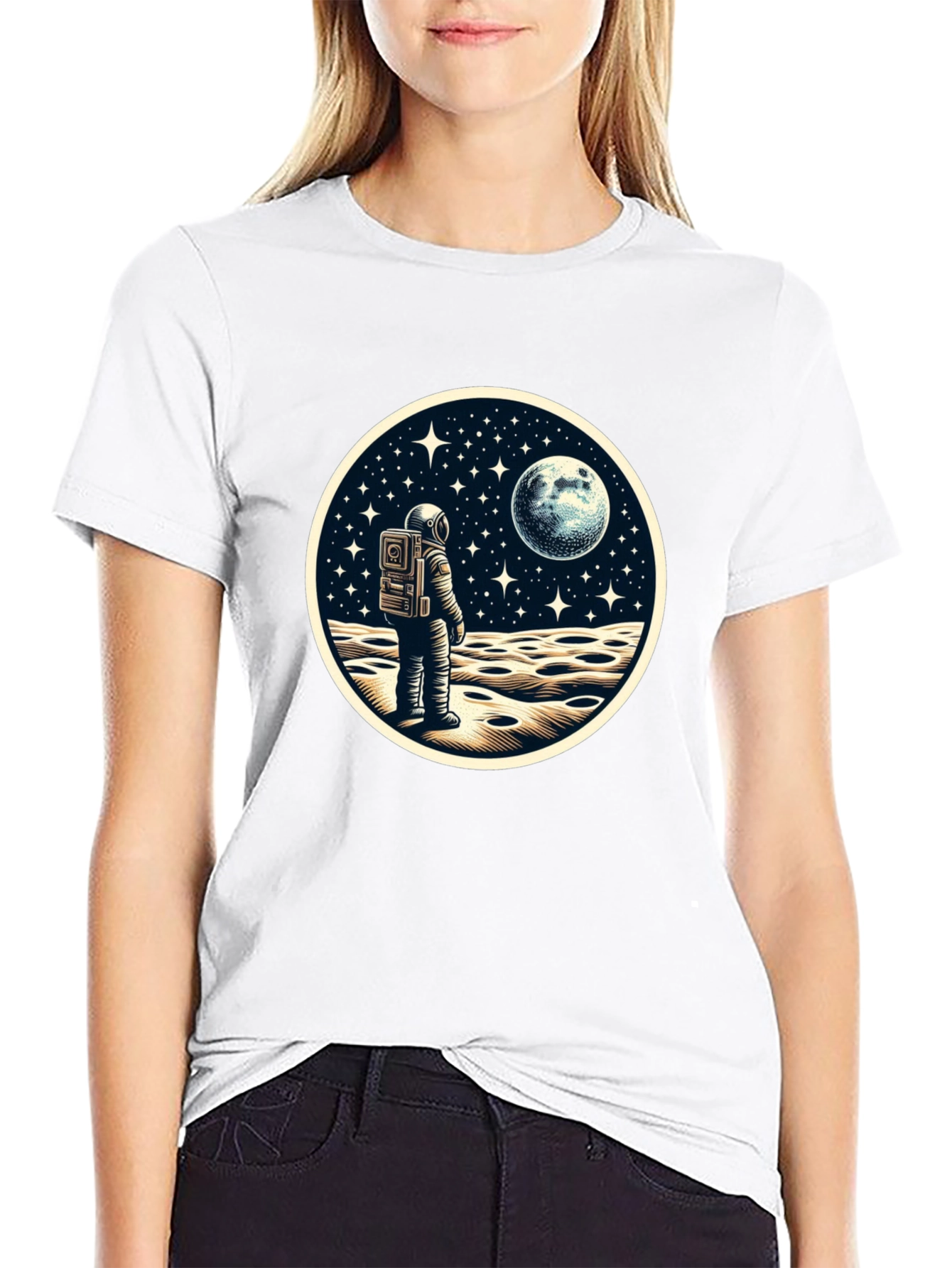 Astronaut Moonscape Graphic Tee - Black Cotton Blend