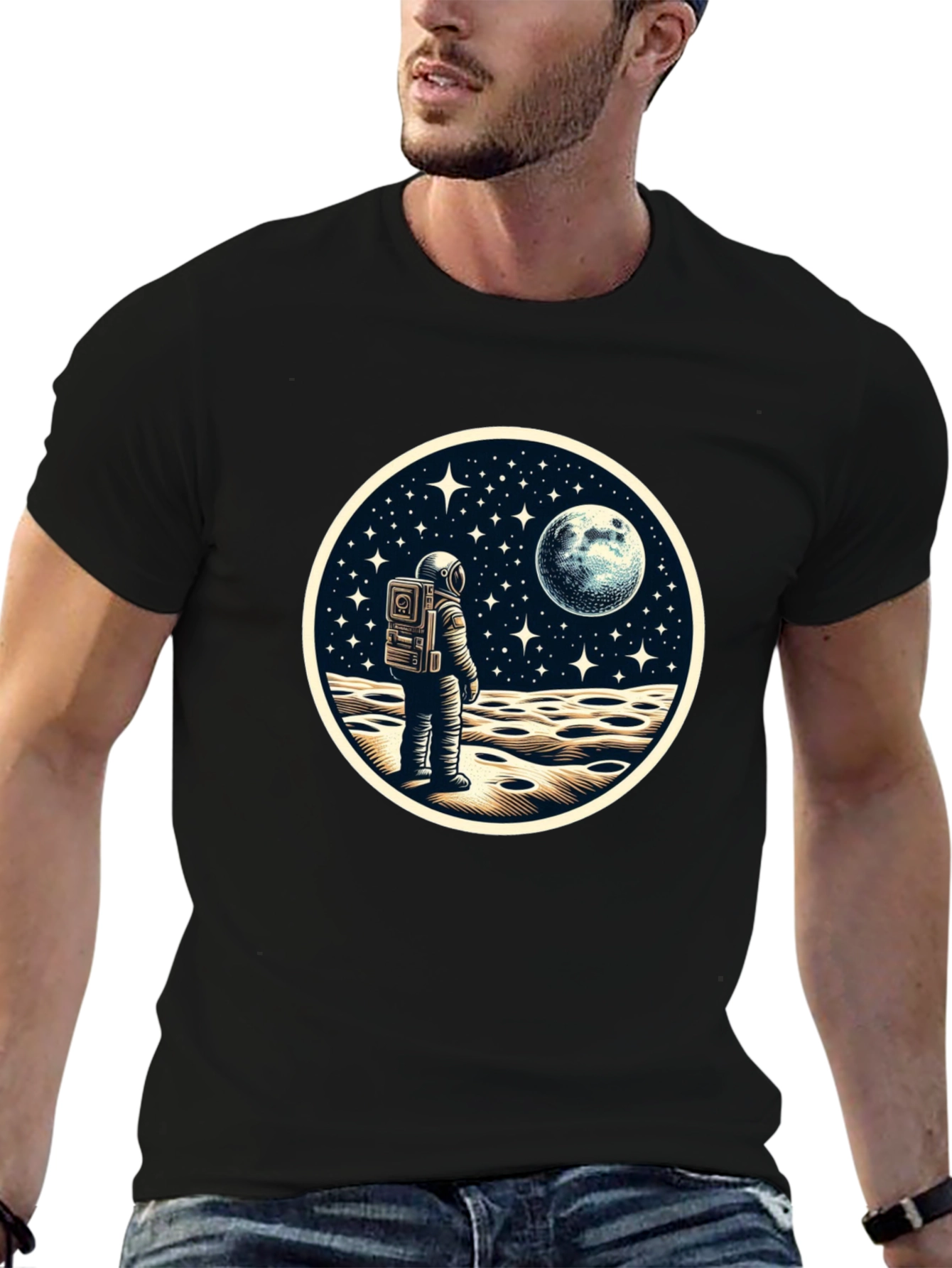 Astronaut Moonscape Graphic Tee - Black Cotton Blend