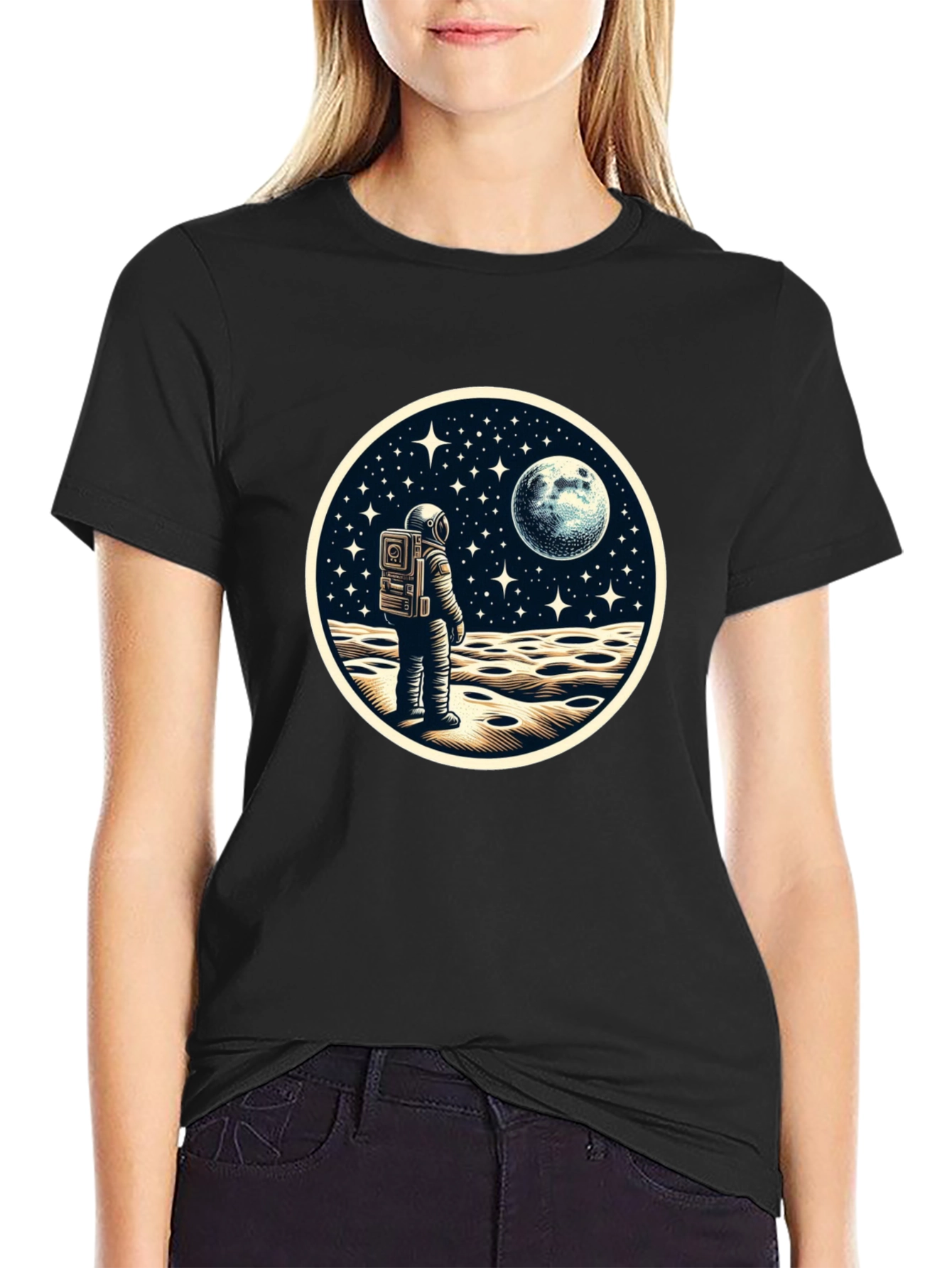 Astronaut Moonscape Graphic Tee - Black Cotton Blend