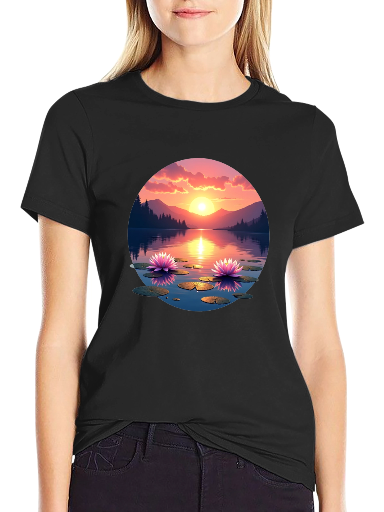 Sunset Lake Lotus T-Shirt - Nature Design