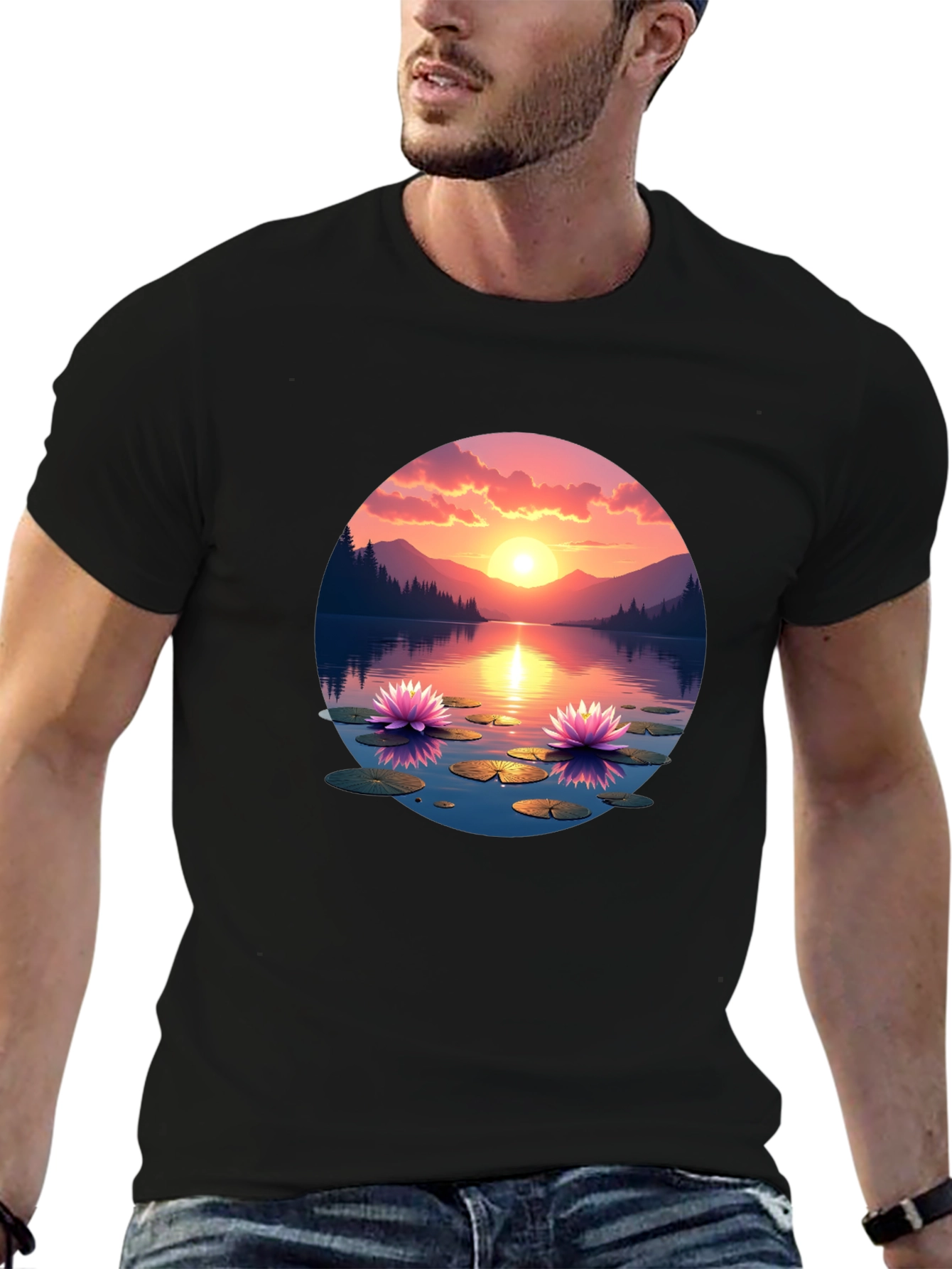 Sunset Lake Lotus T-Shirt - Nature Design