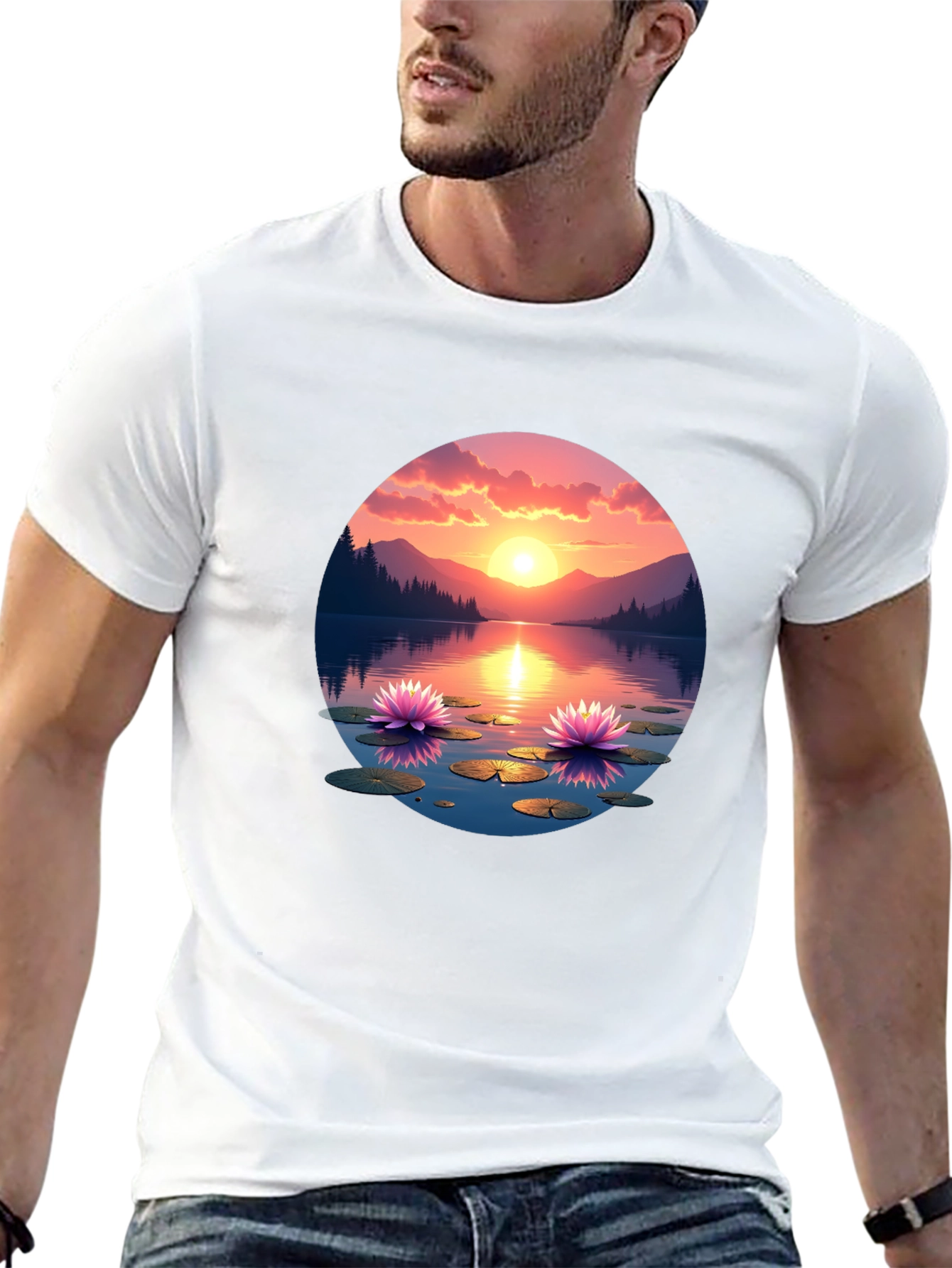 Sunset Lake Lotus T-Shirt - Nature Design