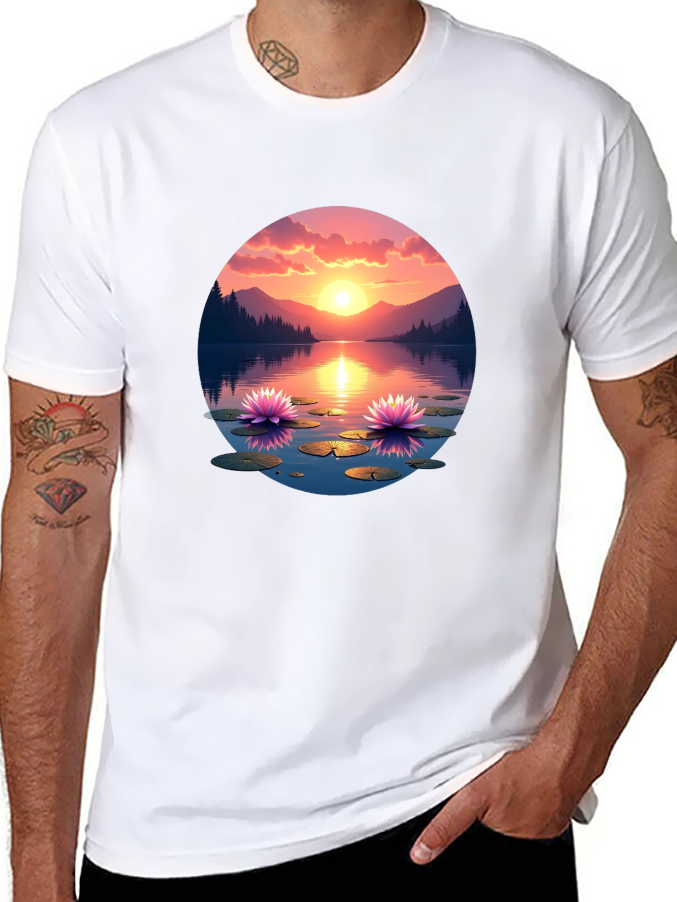 Sunset Lake Lotus T-Shirt - Nature Design