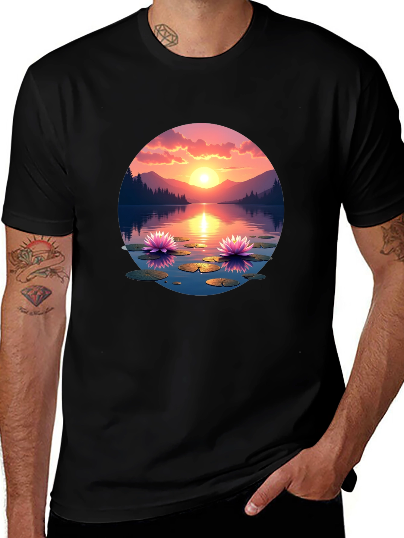 Sunset Lake Lotus T-Shirt - Nature Design