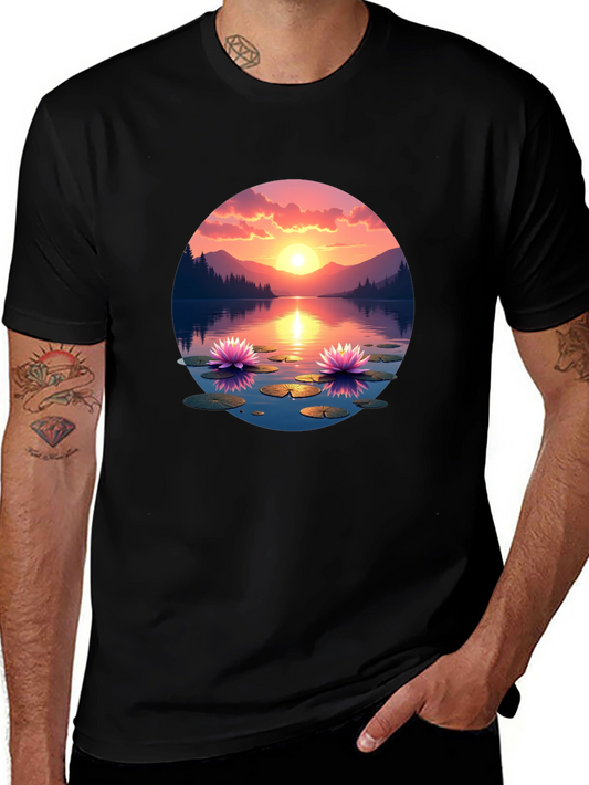 Sunset Lake Lotus T-Shirt - Nature Design