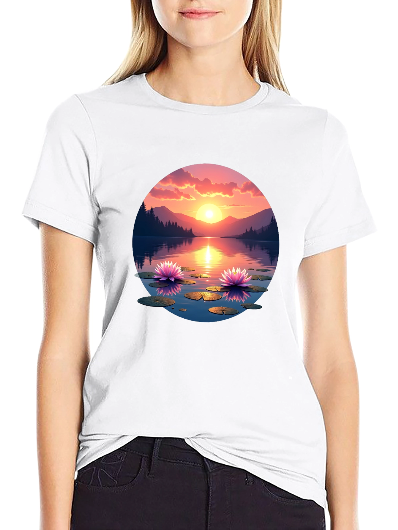 Sunset Lake Lotus T-Shirt - Nature Design