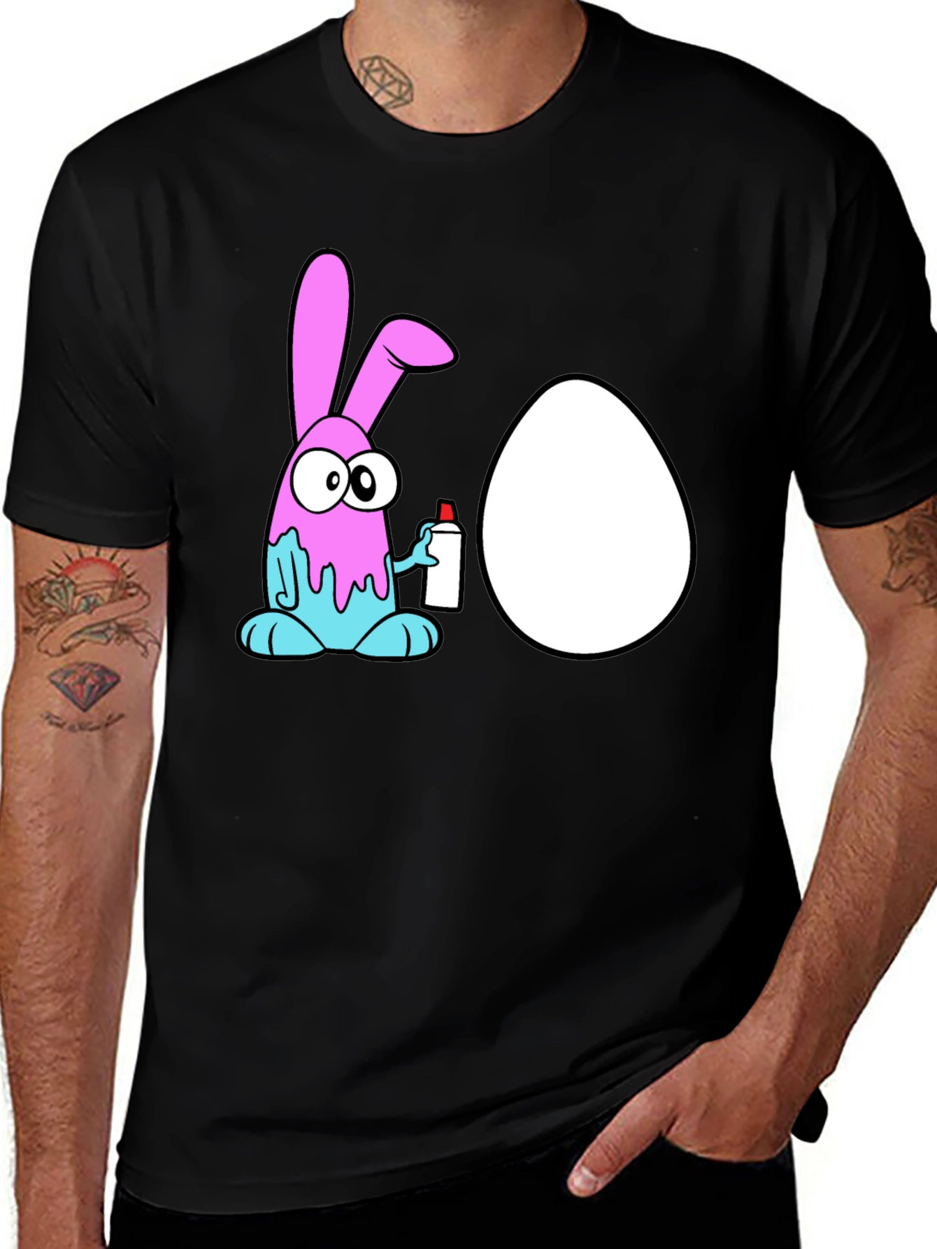 Cartoon Bunny Painting Egg Black T-Shirt