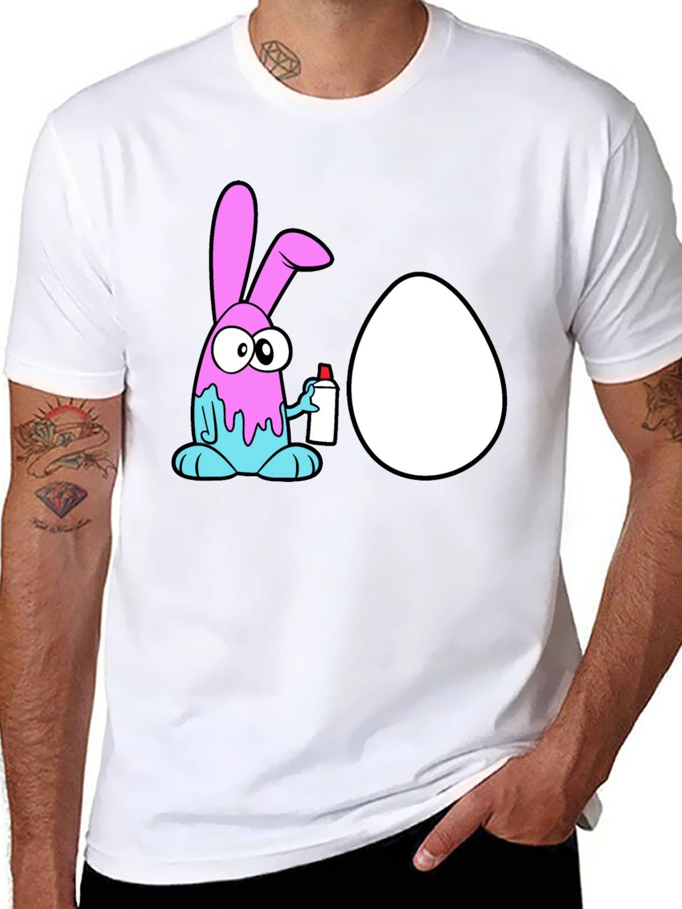 Cartoon Bunny Painting Egg Black T-Shirt